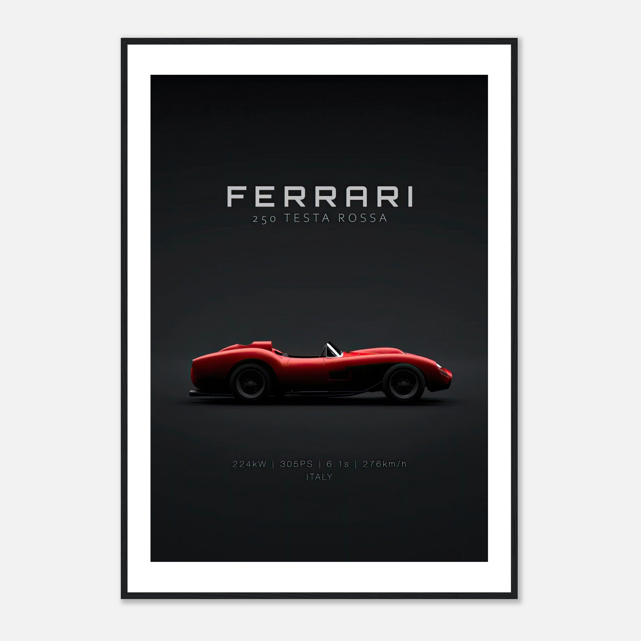 Framed poster of Ferrari 250 Testa Rossa showcasing its sleek design on a minimalist black background.
