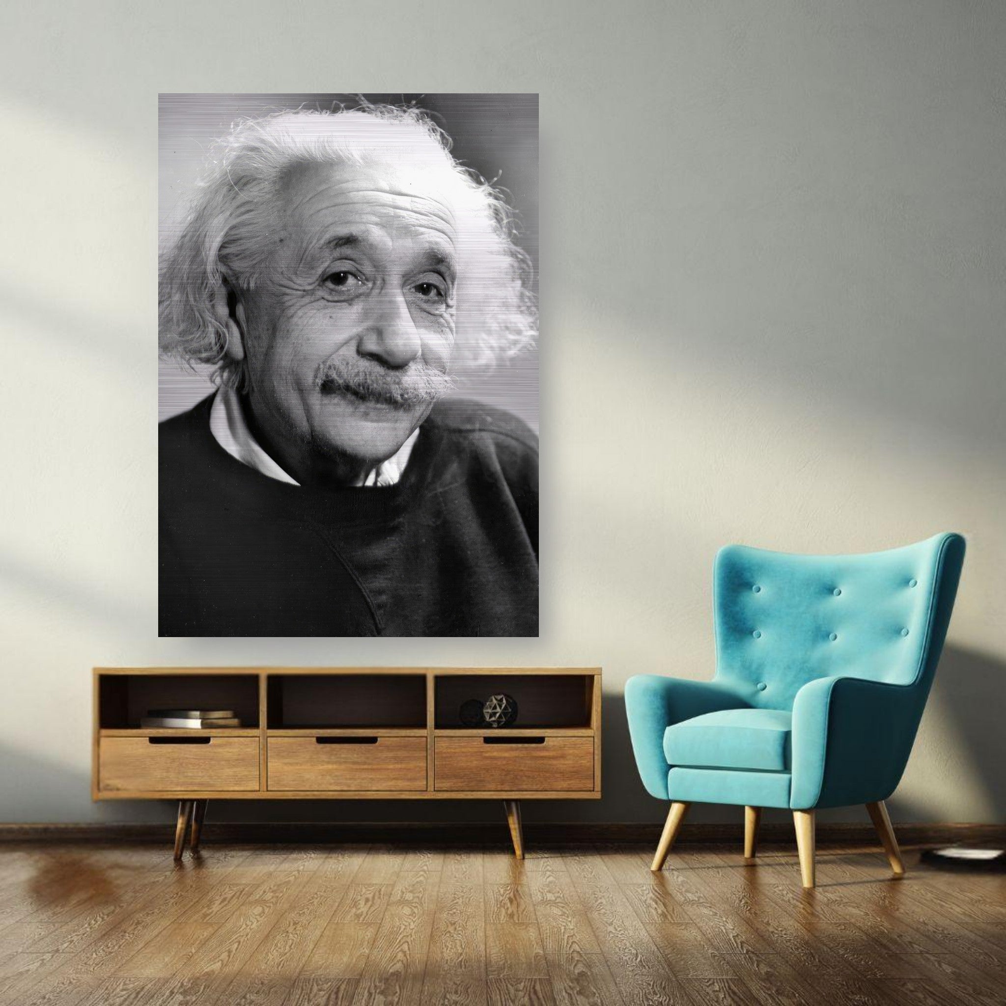 Brushed metal print of Albert Einstein (1946) in a modern living room setting.