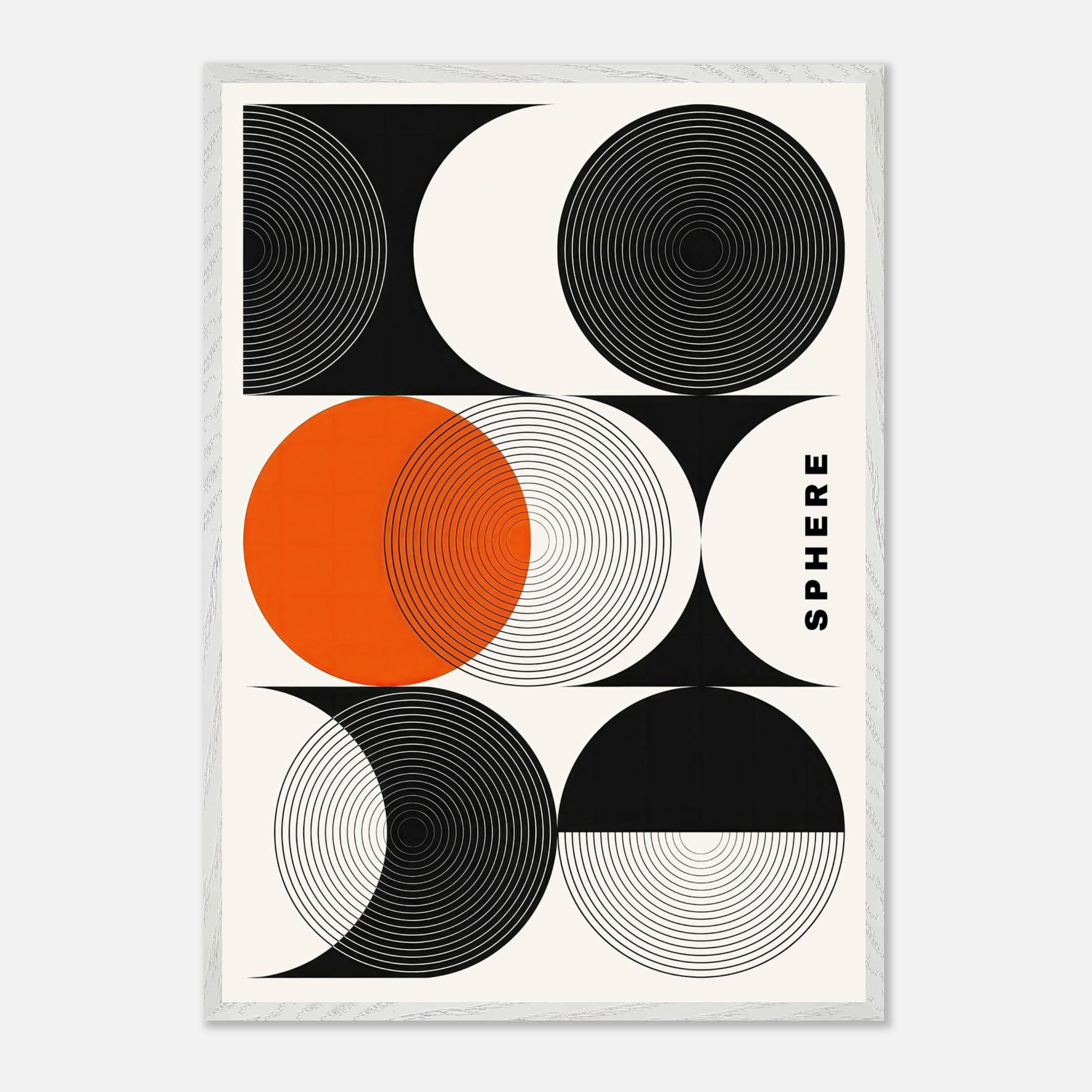 Abstract geometric sphere art print featuring bold black and white circles with vibrant orange accents.