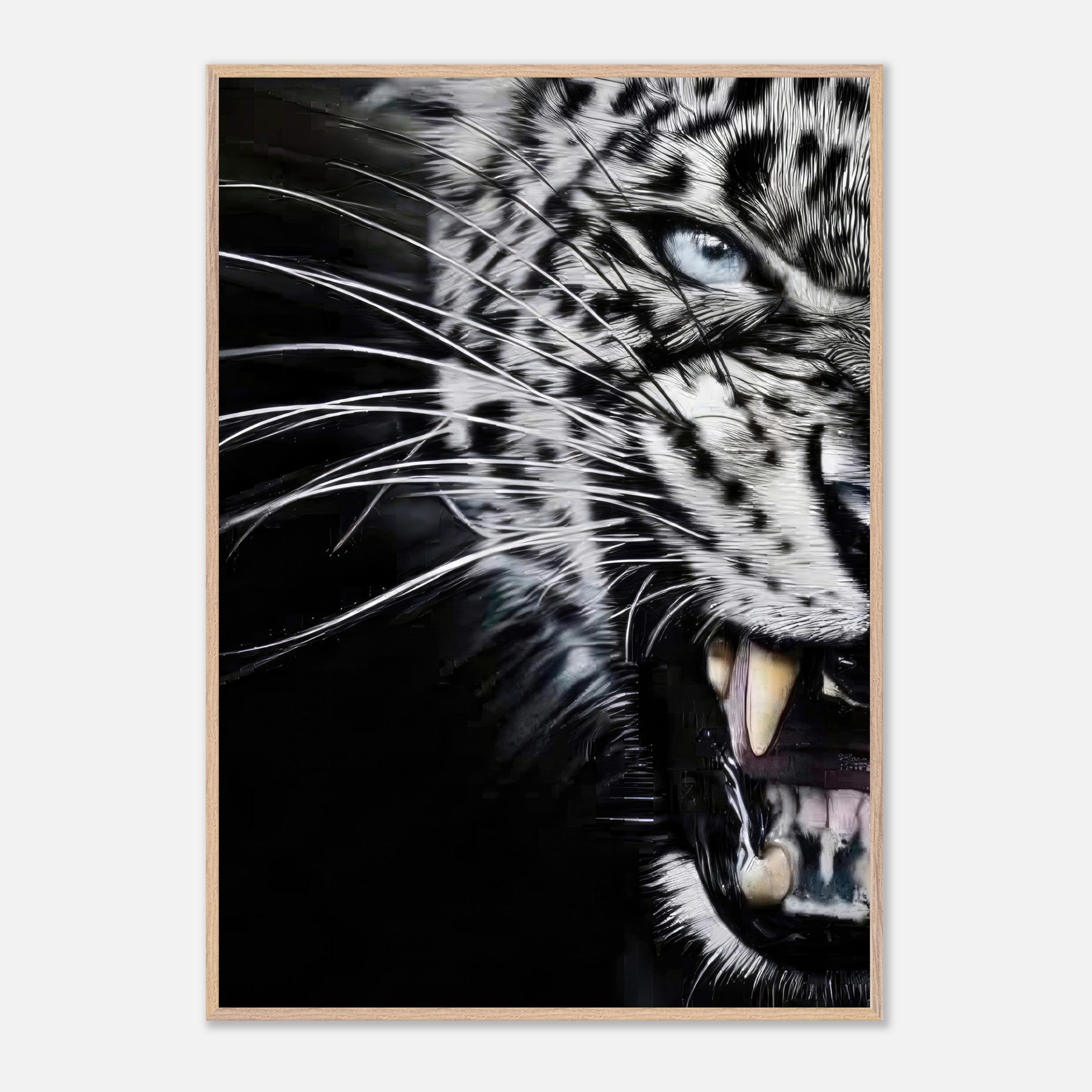 Leopard close-up portrait showcasing intense eyes and fierce expression, highlighting fine art details.