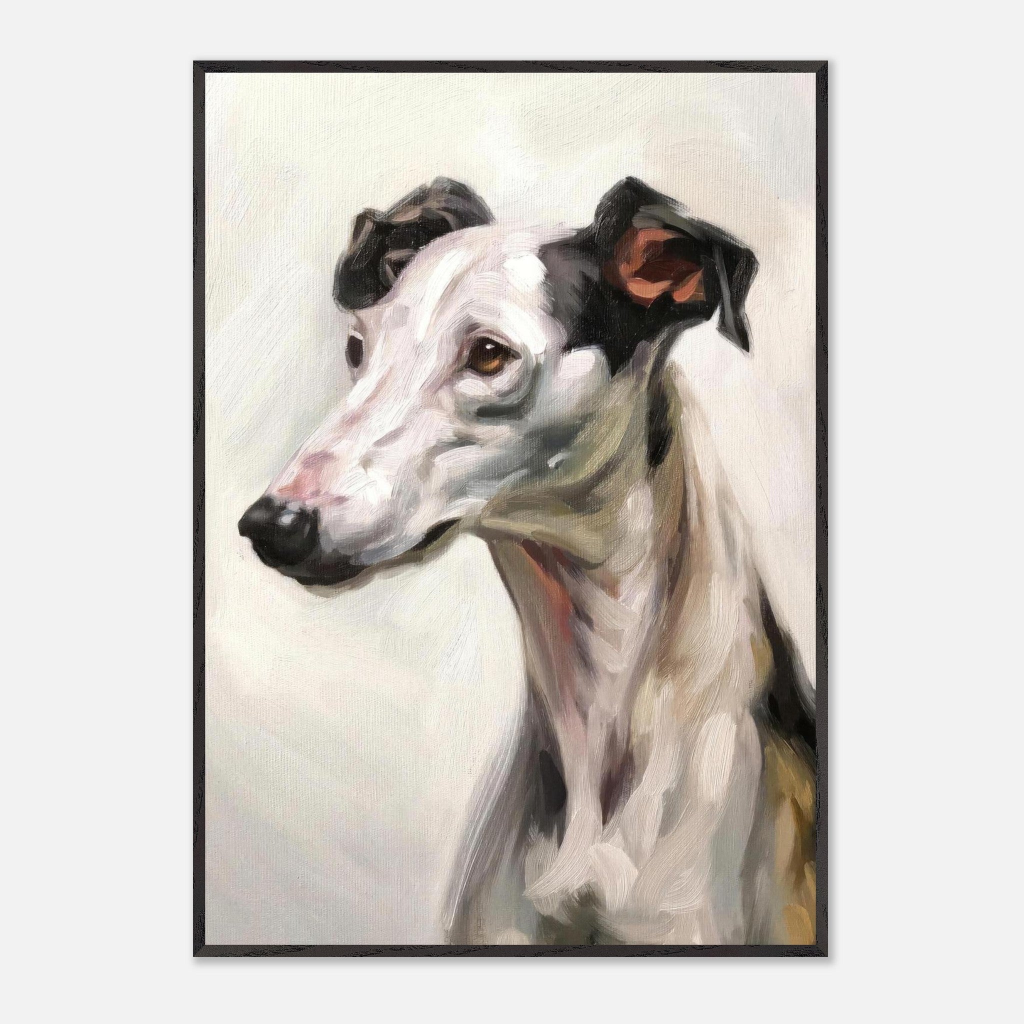 Elegant Greyhound dog painting in fine art style, showcasing detailed brushstrokes and muted colors.