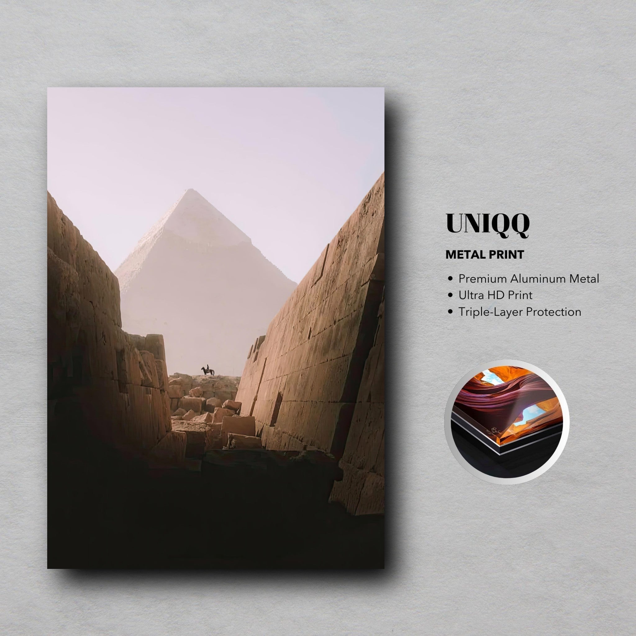 Metal print showcasing a lone horse rider in front of the Great Pyramid of Giza, highlighting ancient wonder and stunning scenery.