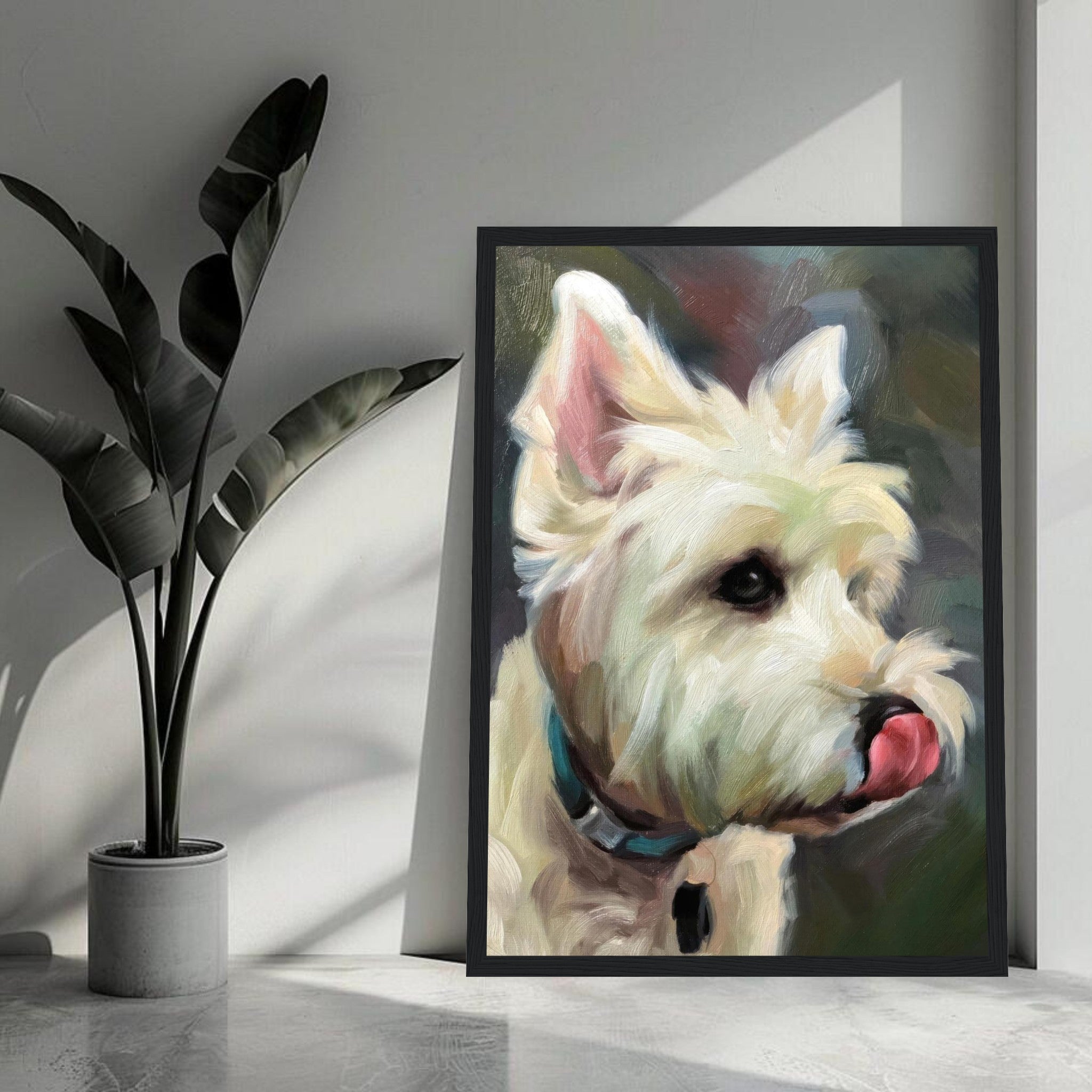 Framed print of a Westie dog painting featuring playful, lifelike details and vibrant colors, perfect for home decor.