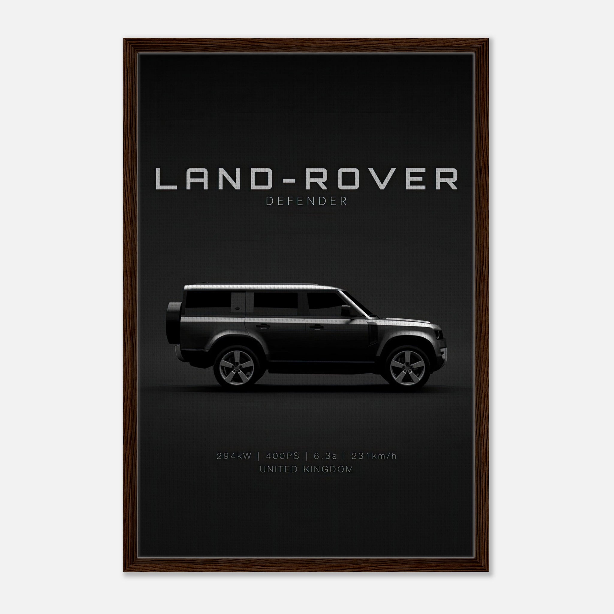Land Rover Defender framed canvas print showcasing sleek side profile on a bold black background.