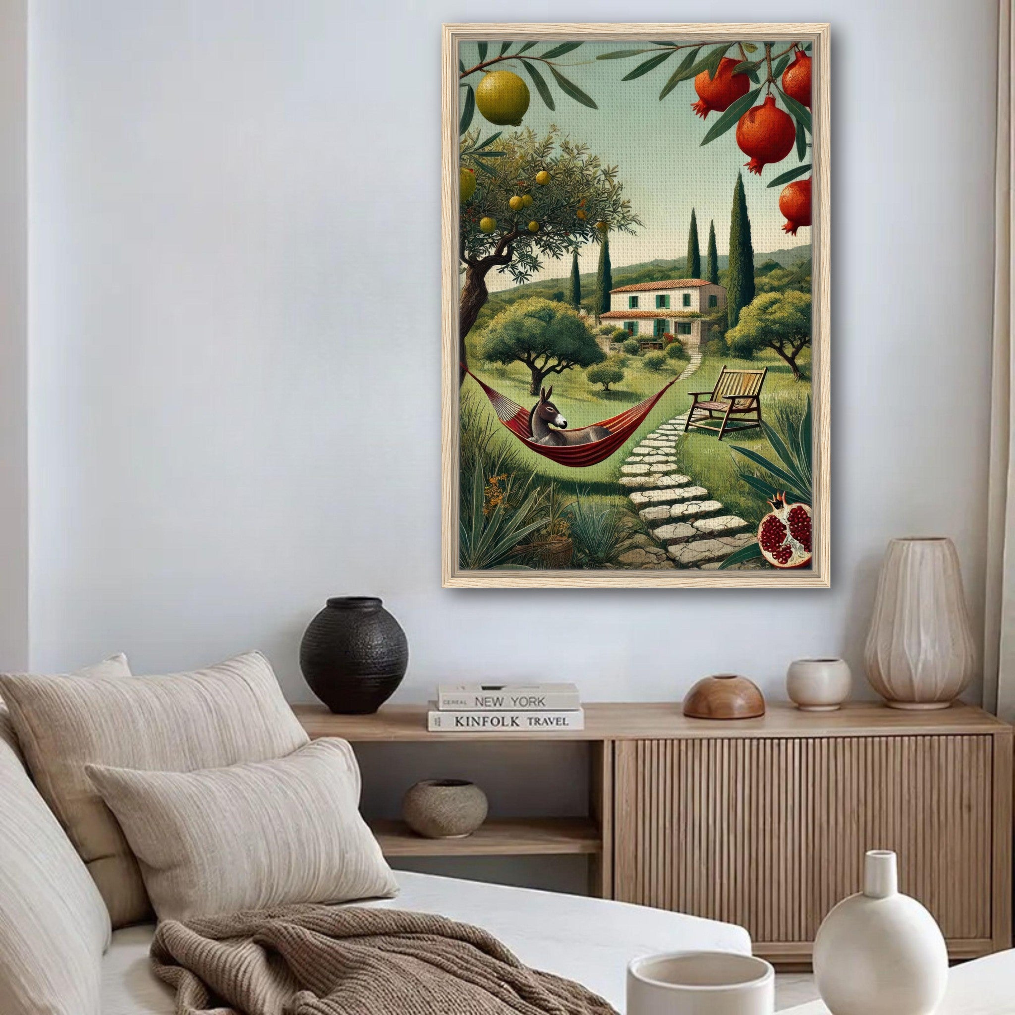 Mediterranean rural landscape framed canvas print with hammock, olive trees, and charming farmhouse in serene setting.