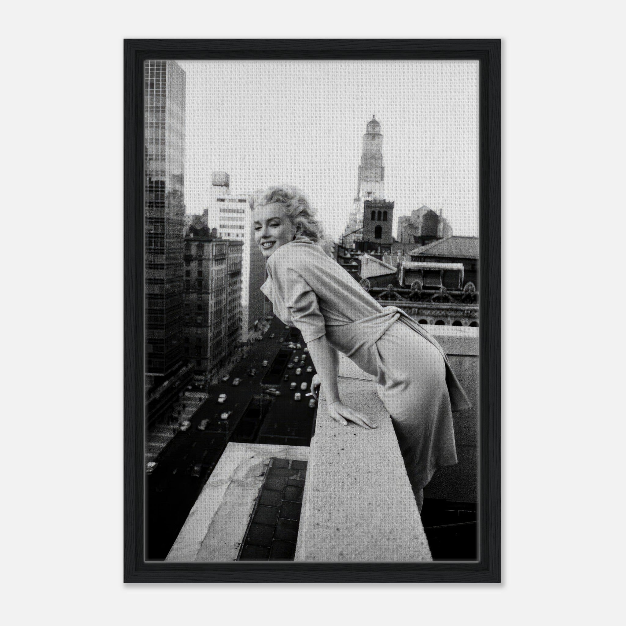 Marilyn Monroe framed canvas art overlooking New York City rooftops in black-and-white, capturing Hollywood elegance.