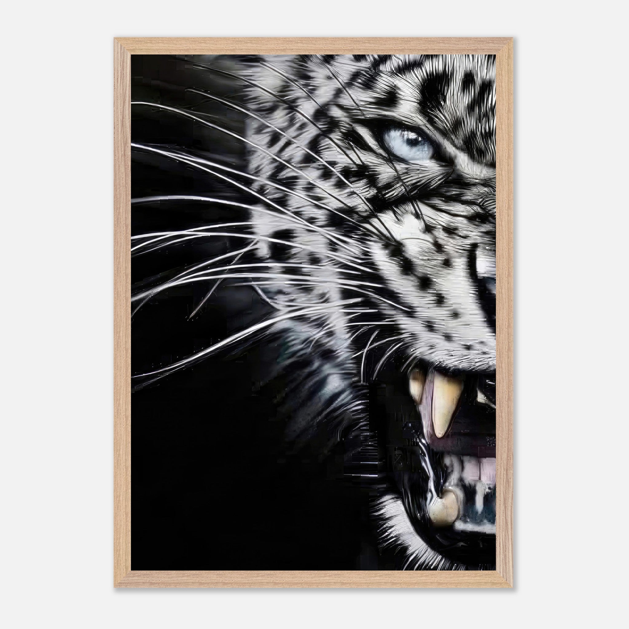 Leopard close-up portrait vintage framed print showcasing piercing blue eyes and fierce expression.