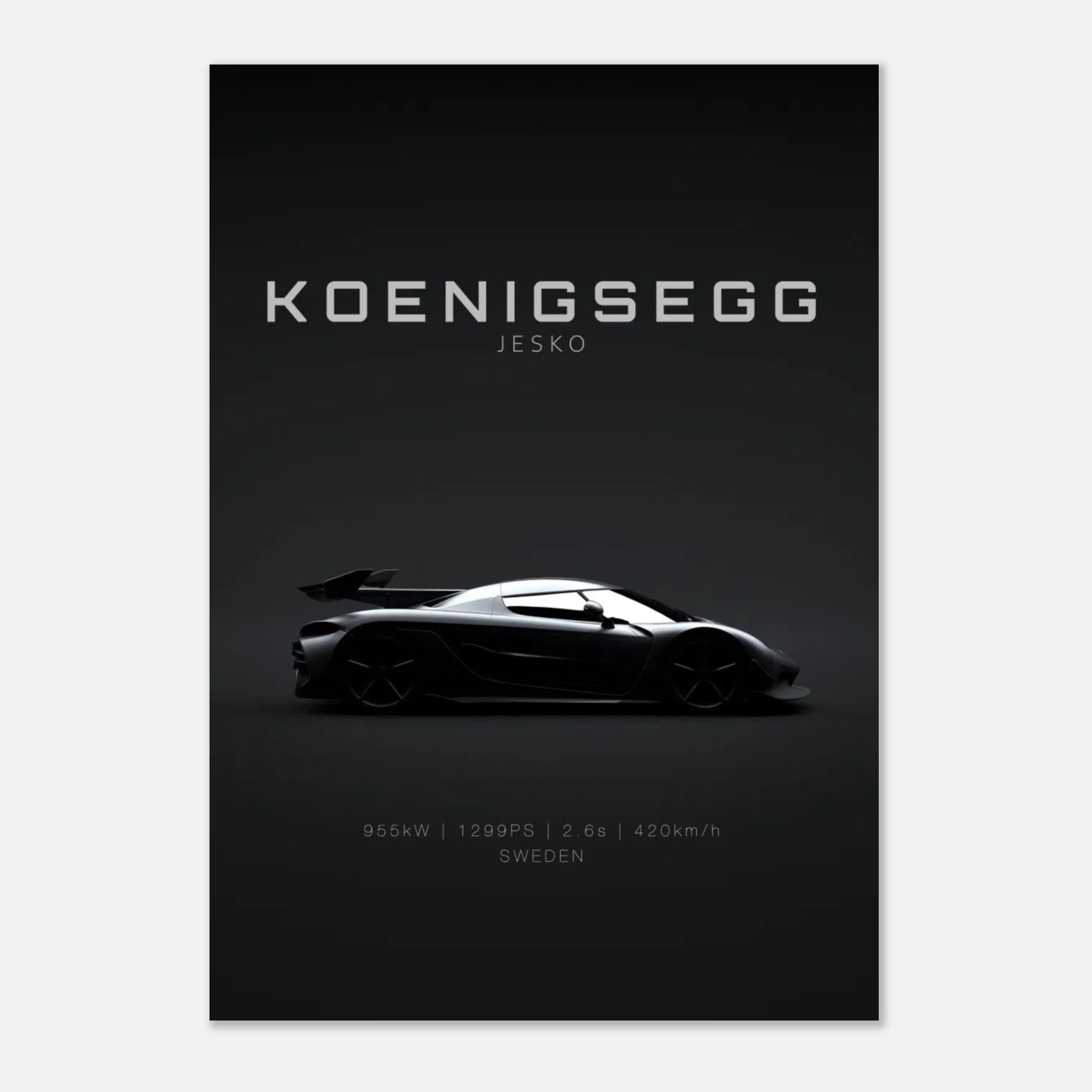 Koenigsegg Jesko poster showcasing a sleek hypercar silhouette against a minimalist black background.