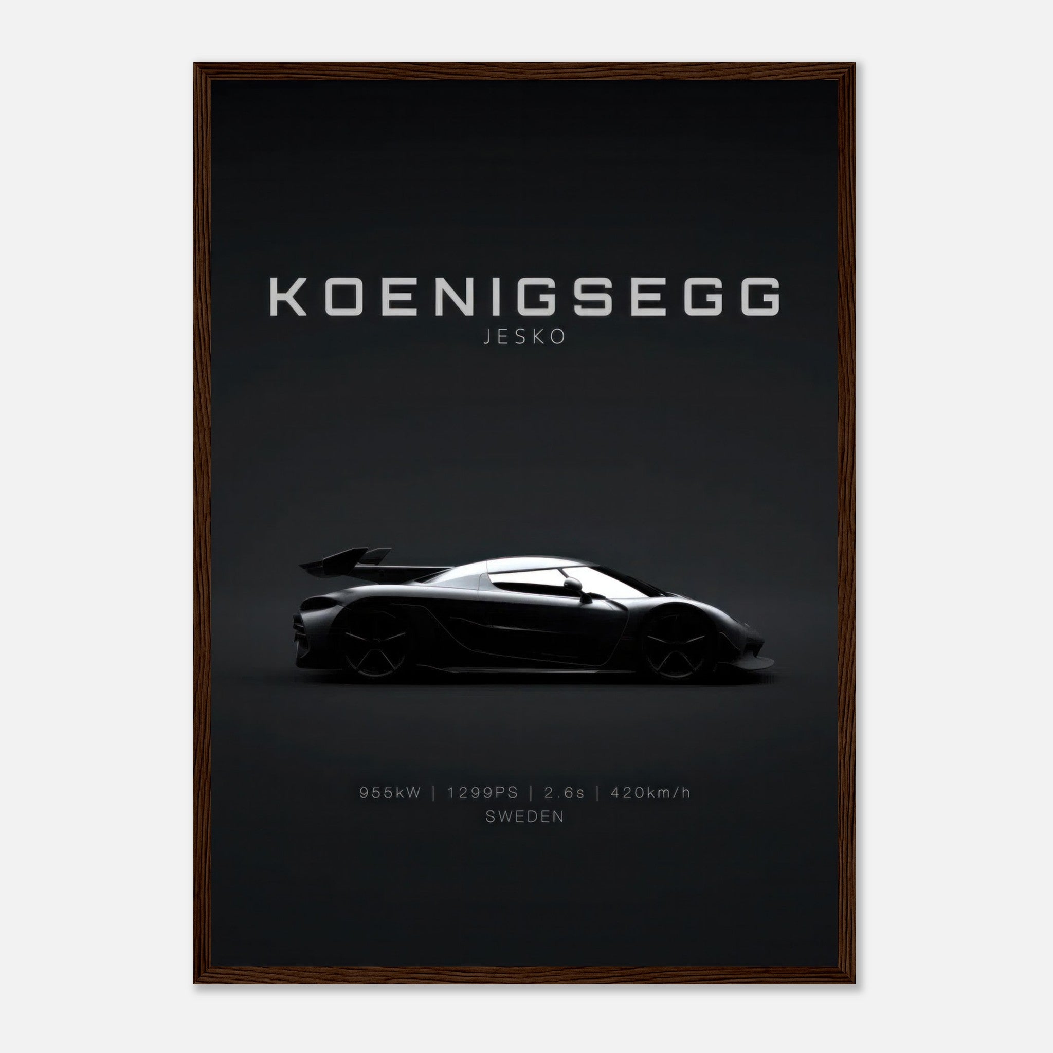Koenigsegg Jesko framed poster featuring sleek silhouette and minimalist design on a black background
