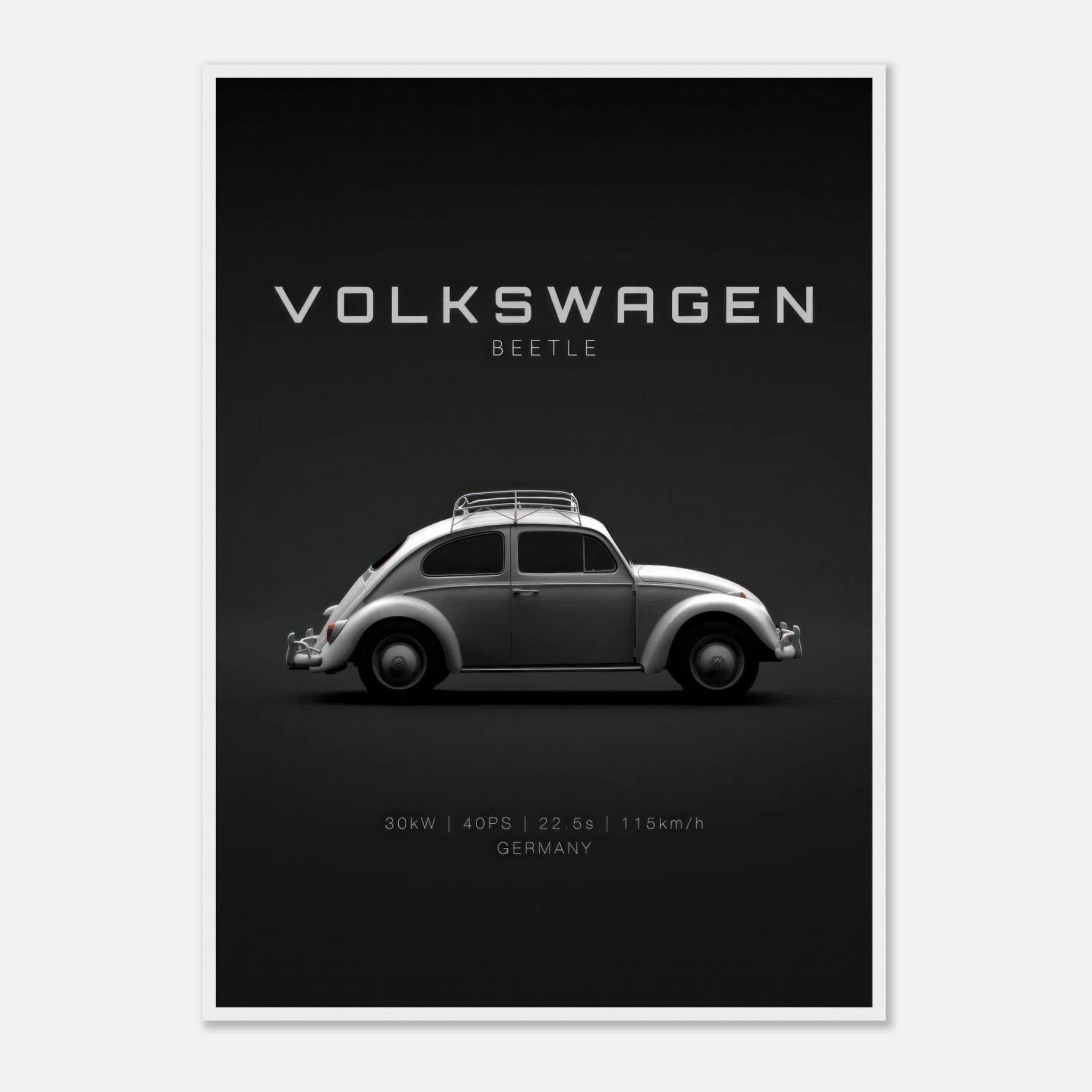 Classic Volkswagen Beetle framed poster with minimalist design on black background.