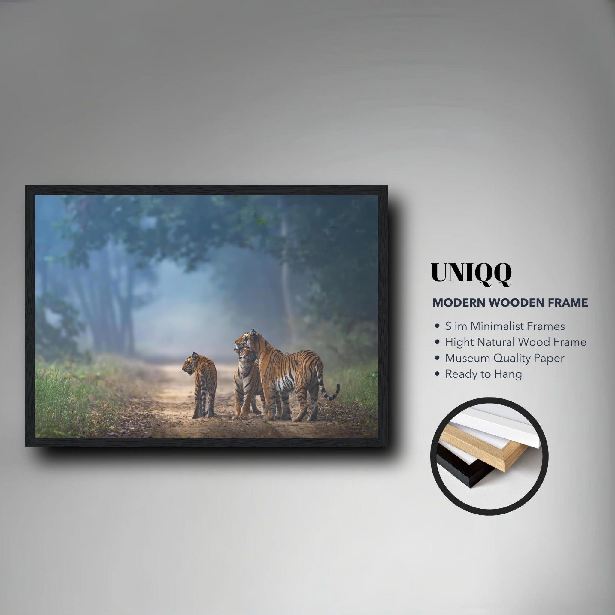 Framed print of a tiger family on a misty forest path, showcasing vibrant orange coats and lush greenery.