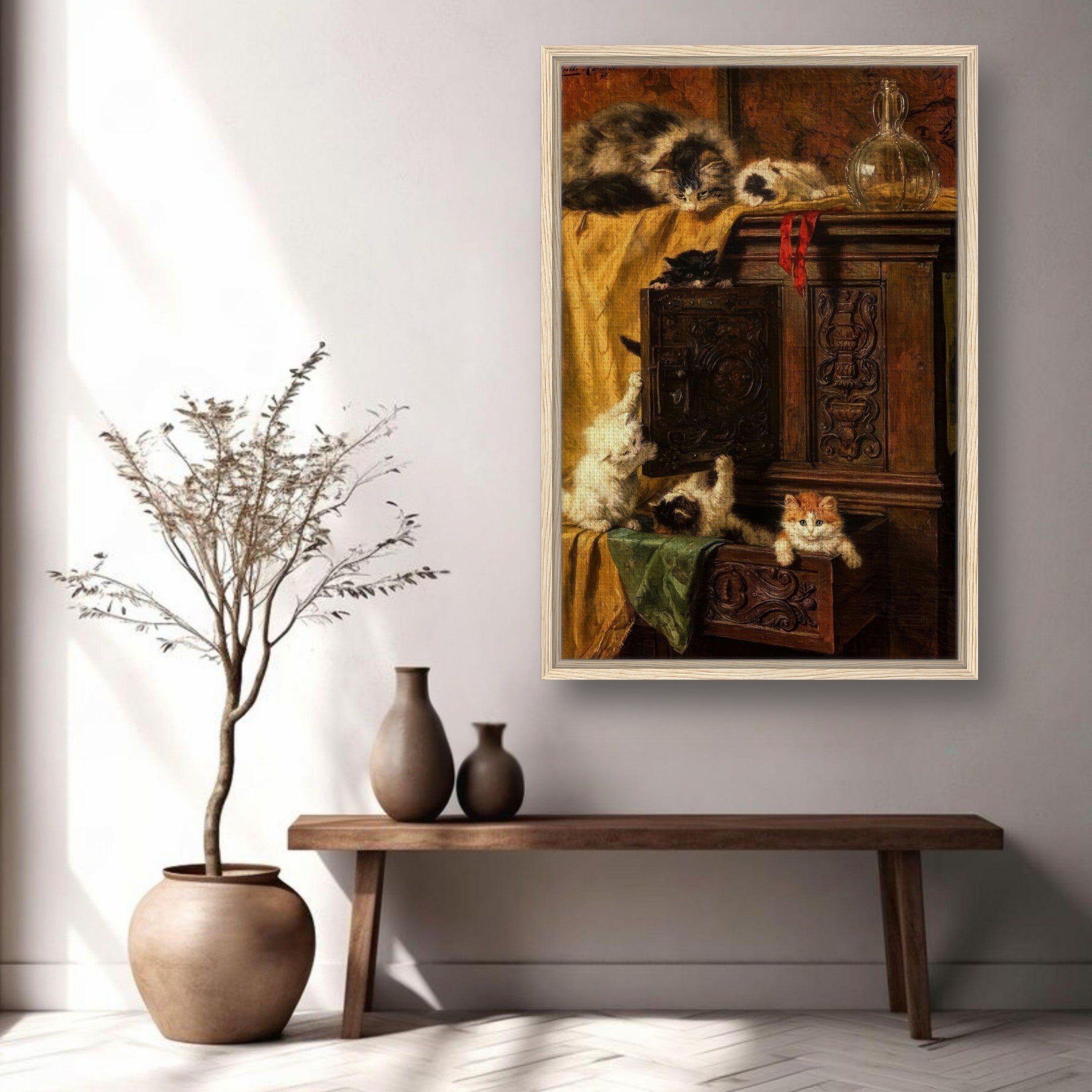 Framed Vintage Cat Painting featuring playful kittens on an ornate cabinet, adding charm to any home decor.