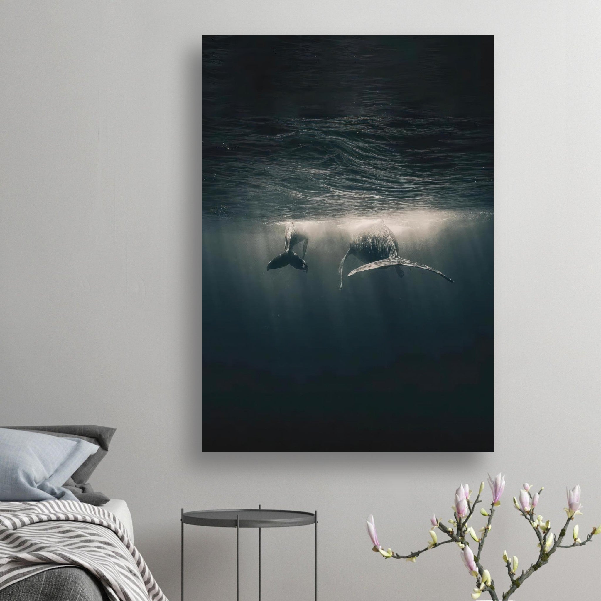 Whales swimming gracefully underwater in a serene ocean scene, captured in a high-quality poster.
