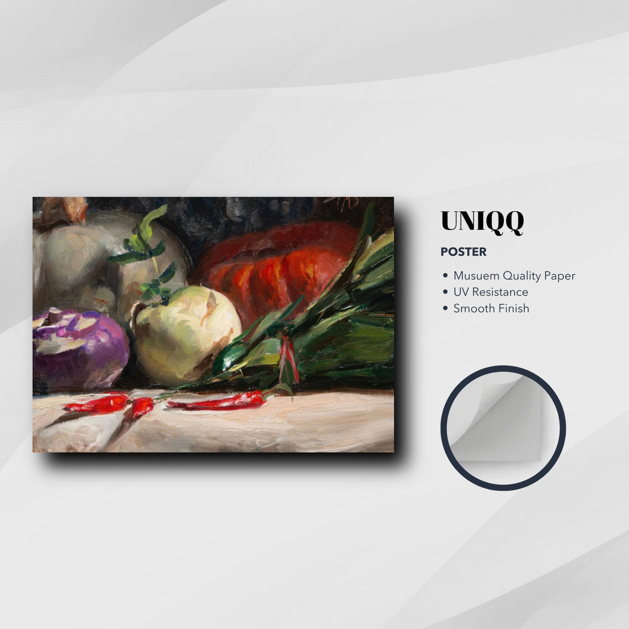 Kohlrabi, pumpkins, and chilis oil painting poster showcasing vibrant colors and textures for kitchen decor.