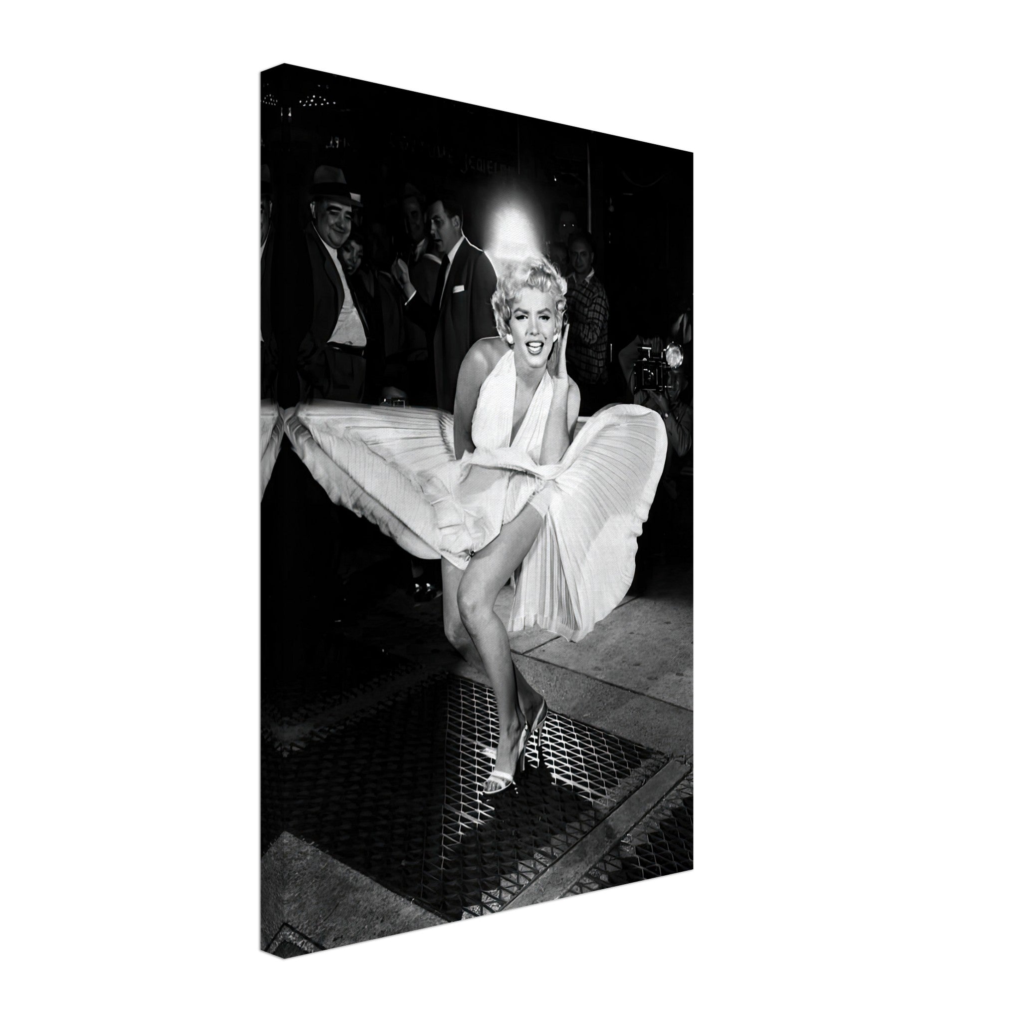 Marilyn Monroe in white dress captured mid-air in iconic wind-blown photo on canvas print, showcasing vintage Hollywood glamour.