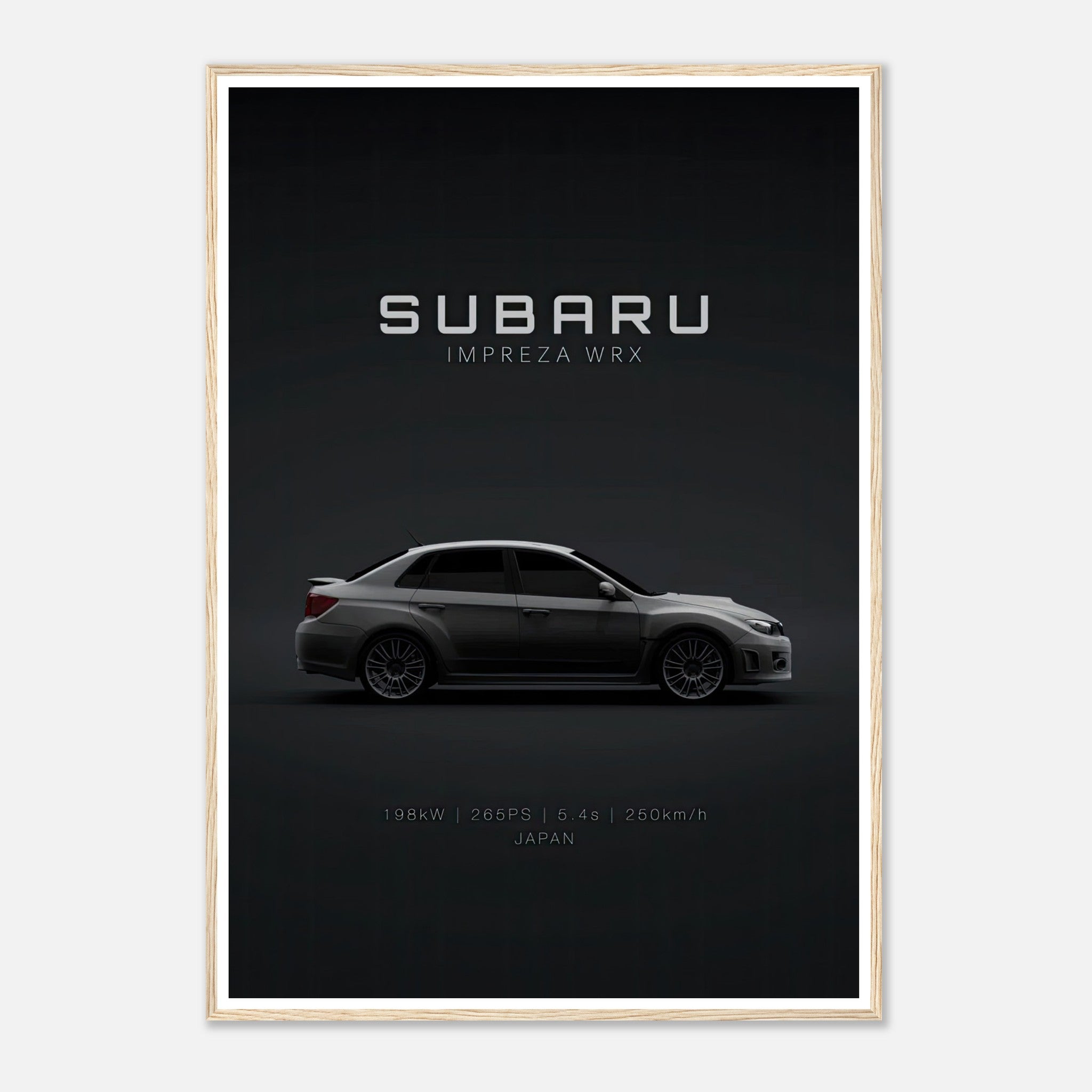 Framed poster of Subaru Impreza WRX showcasing sleek design against a dark background.