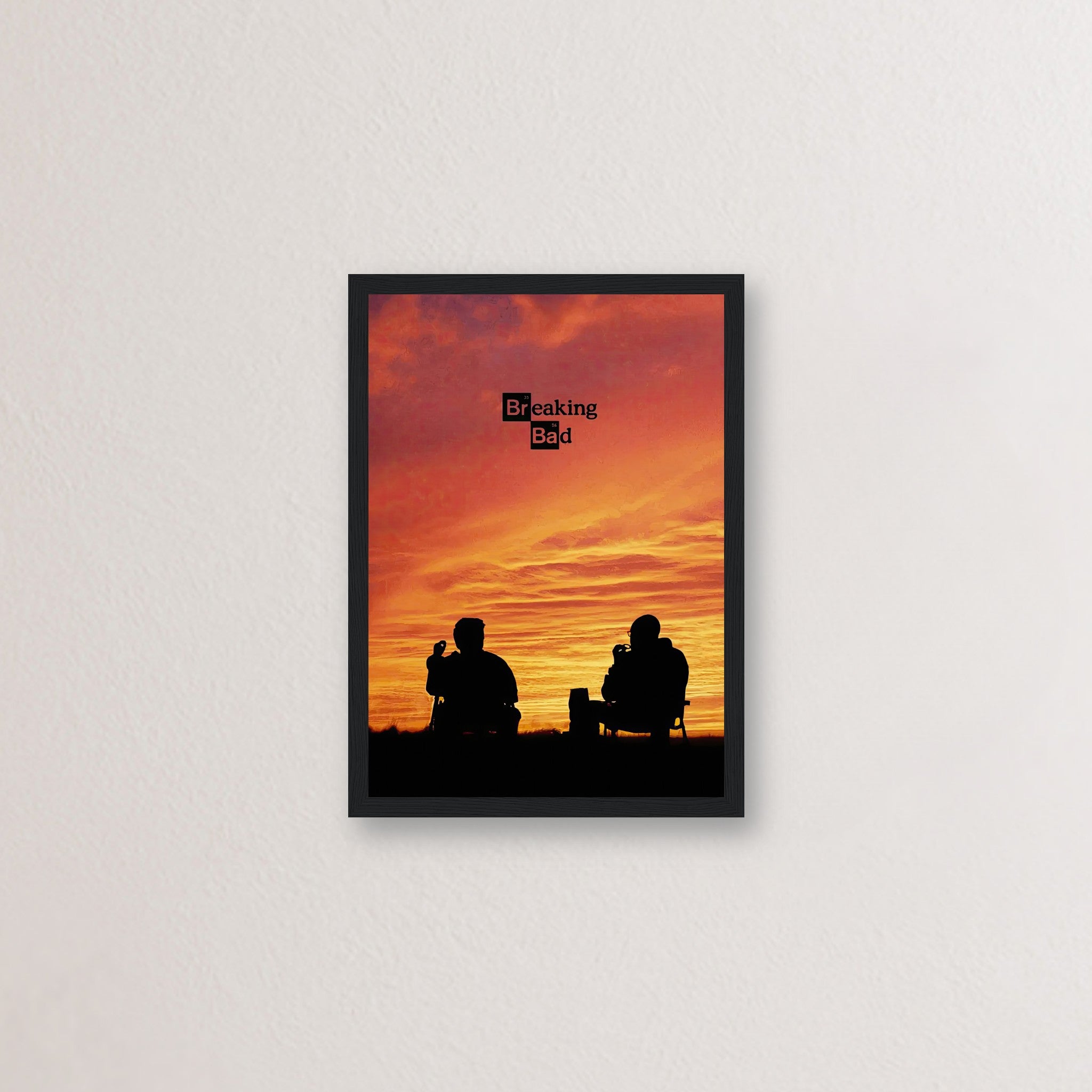 Framed Breaking Bad poster featuring Walter White and Jesse Pinkman silhouetted against a sunset.