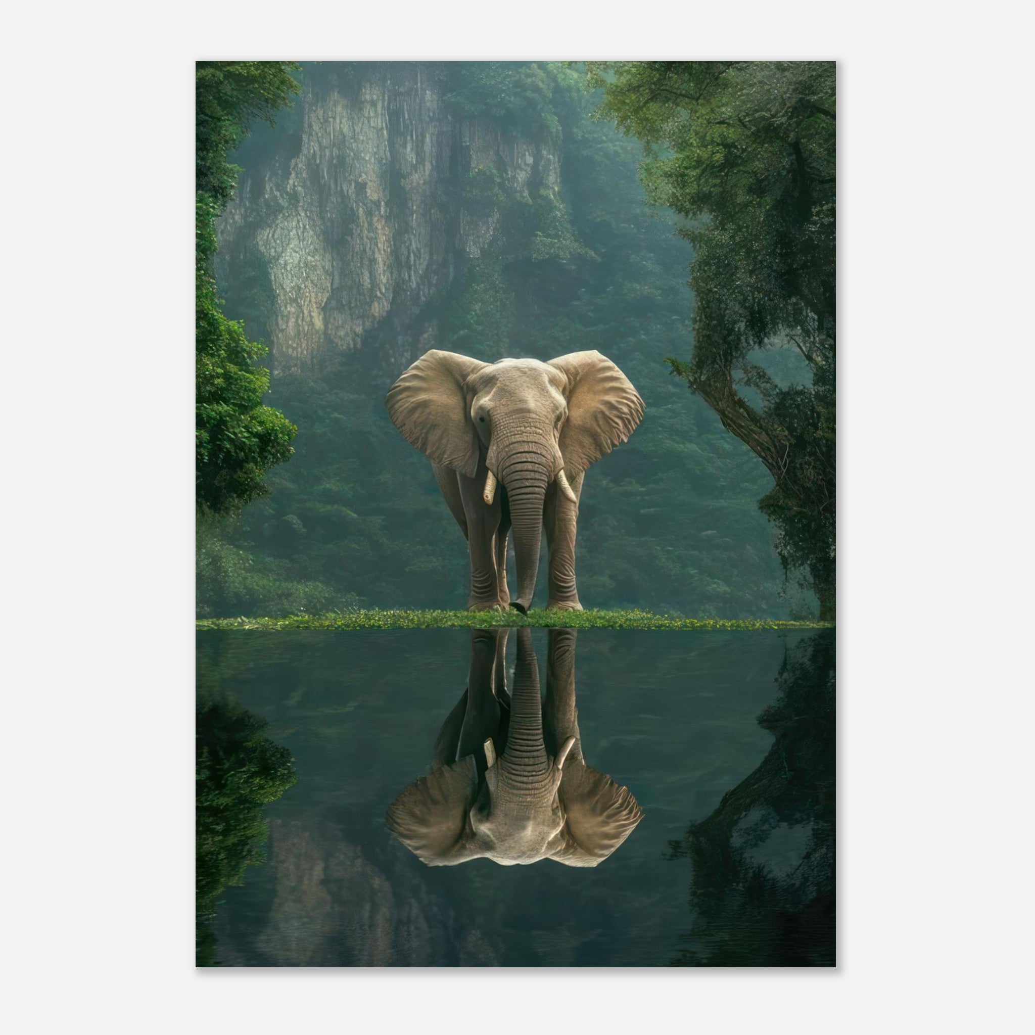 Jungle Elephant Portrait Poster showcasing a powerful elephant in a lush jungle landscape with reflection in water.