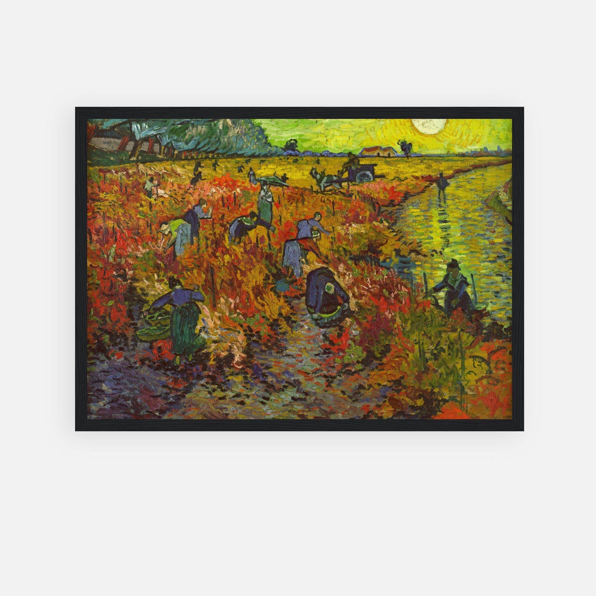 Framed print of Van Gogh's The Red Vineyard, showcasing vibrant autumn colors and workers harvesting grapes.