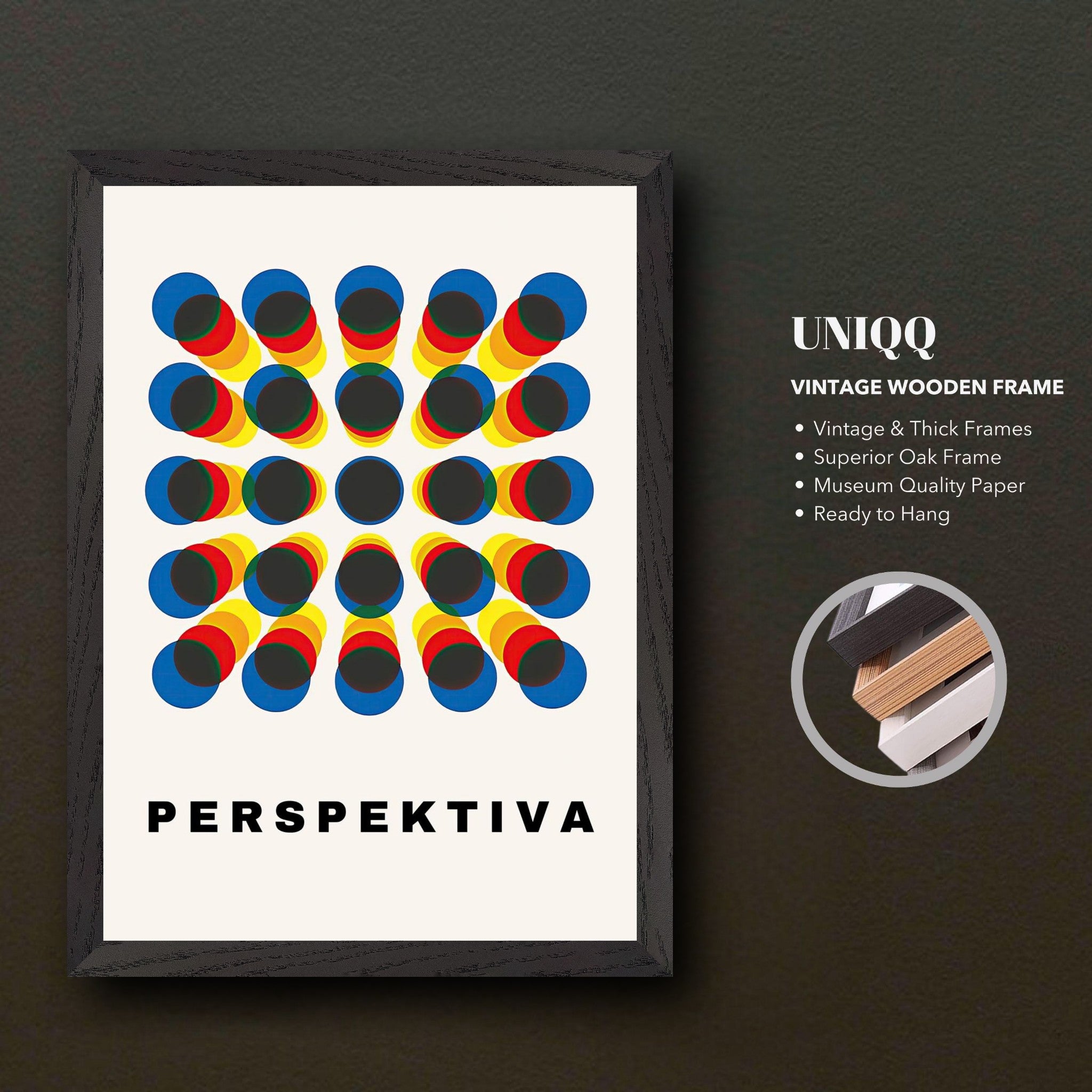 Perspective Abstract Art Print with bold geometric design and vintage frame, featuring the word 'PERSPEKTIVA'.