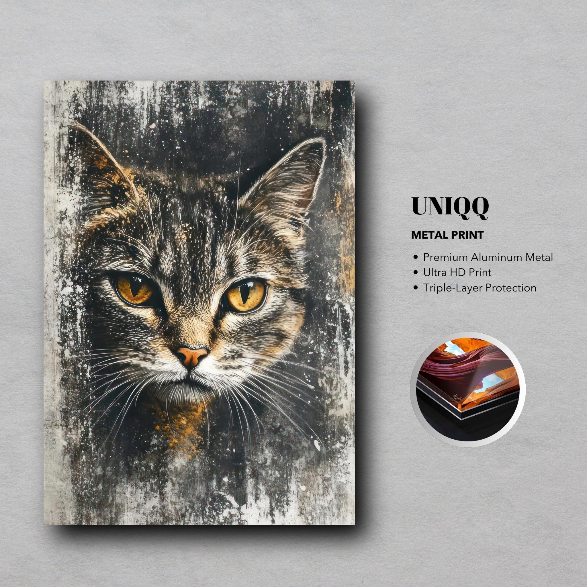 Elegant cat portrait metal print with golden eyes on premium aluminum for stunning home decor.