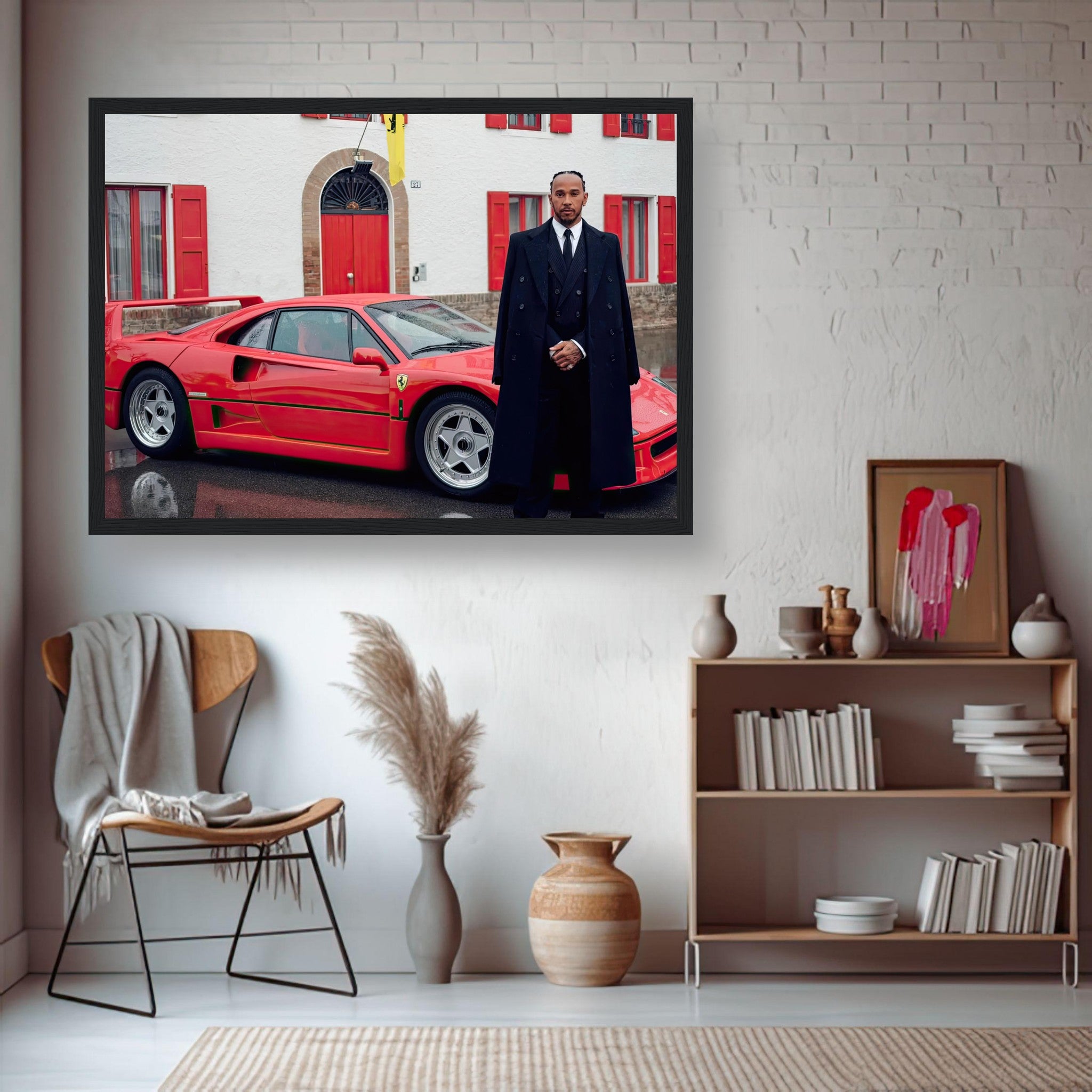 Lewis Hamilton in front of a Ferrari F40; framed print showcasing automotive excellence and style.