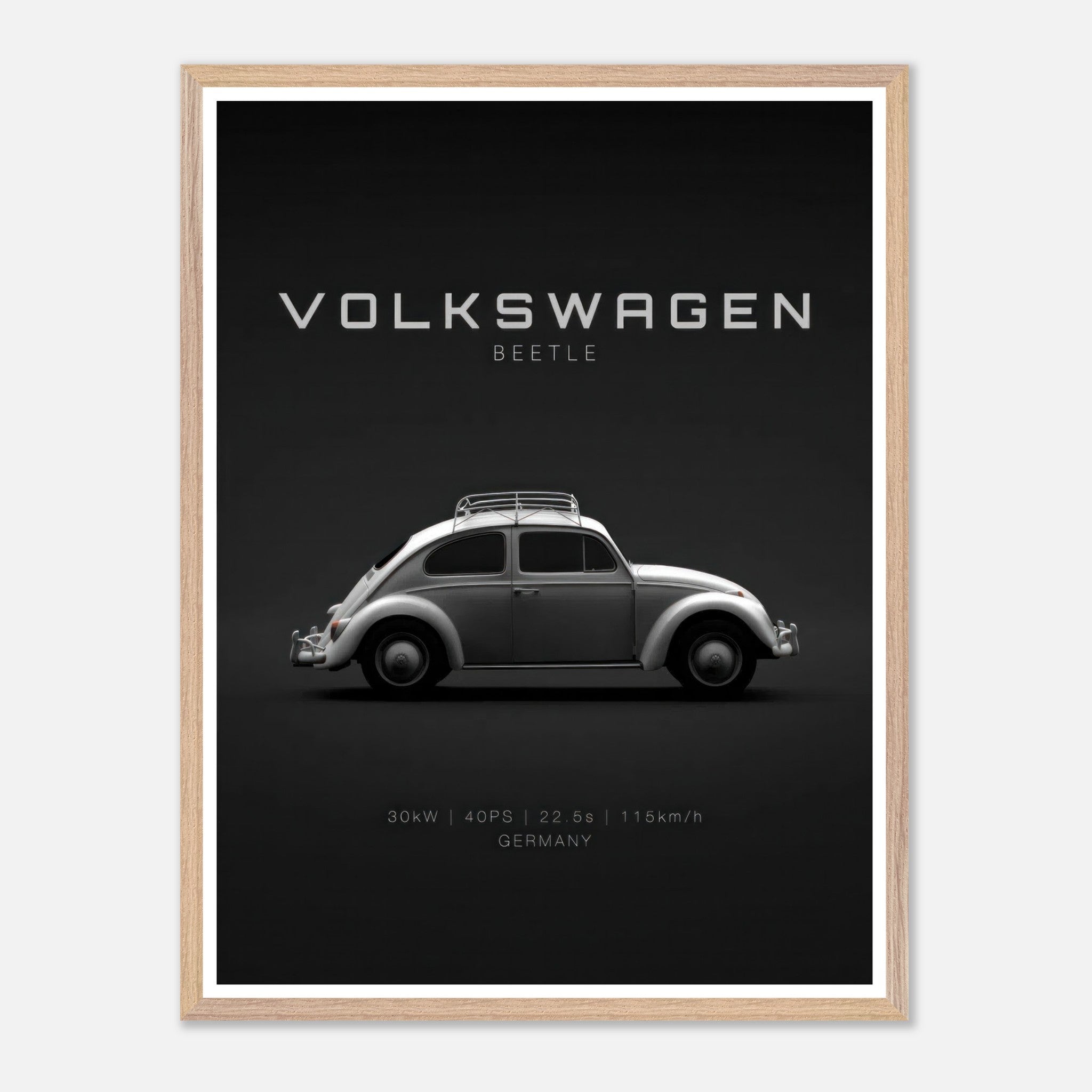 Volkswagen Beetle vintage art print featuring a sleek silver car design on a minimalist black background.