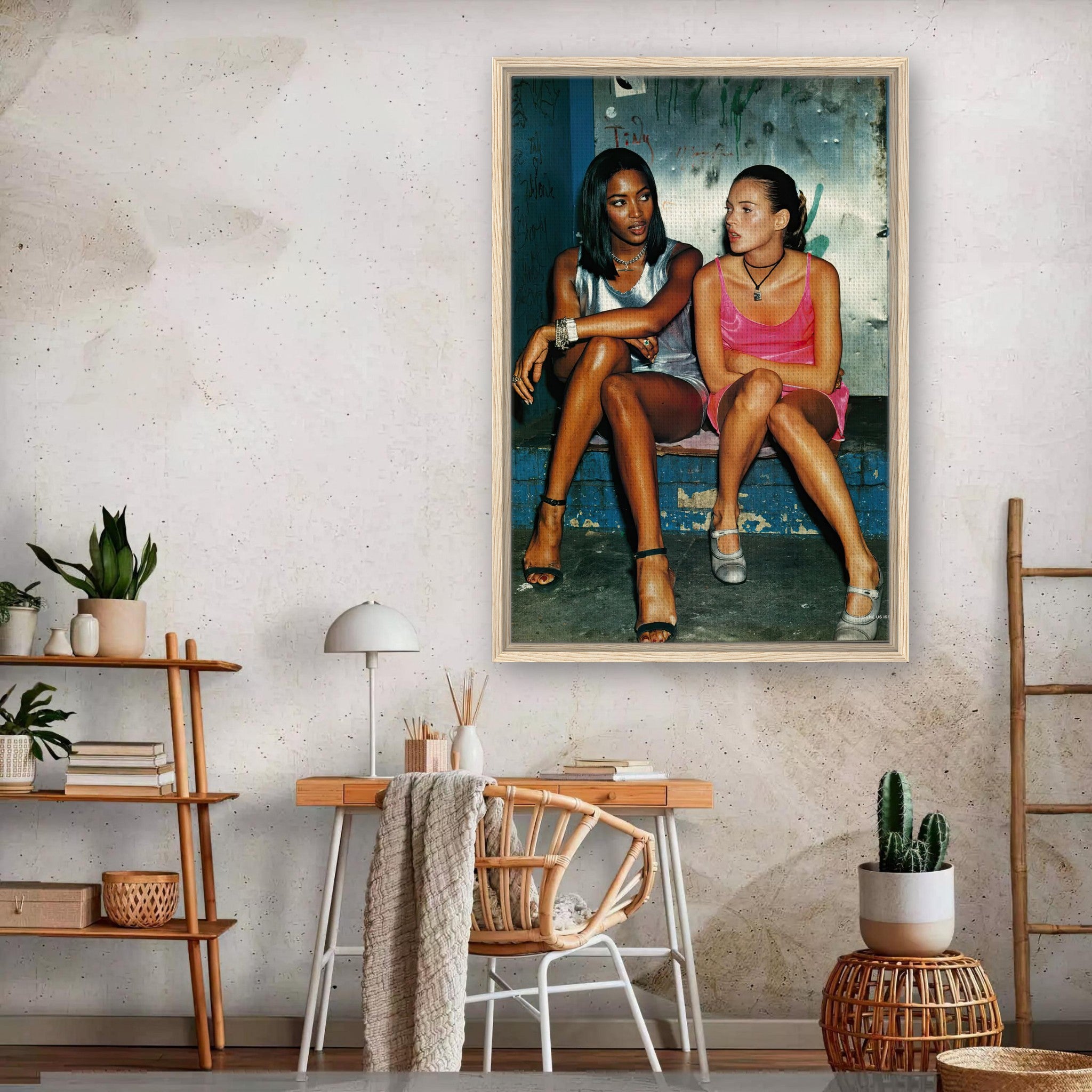 Naomi Campbell and Kate Moss framed canvas print in stylish interior, showcasing 90s supermodel glamour.