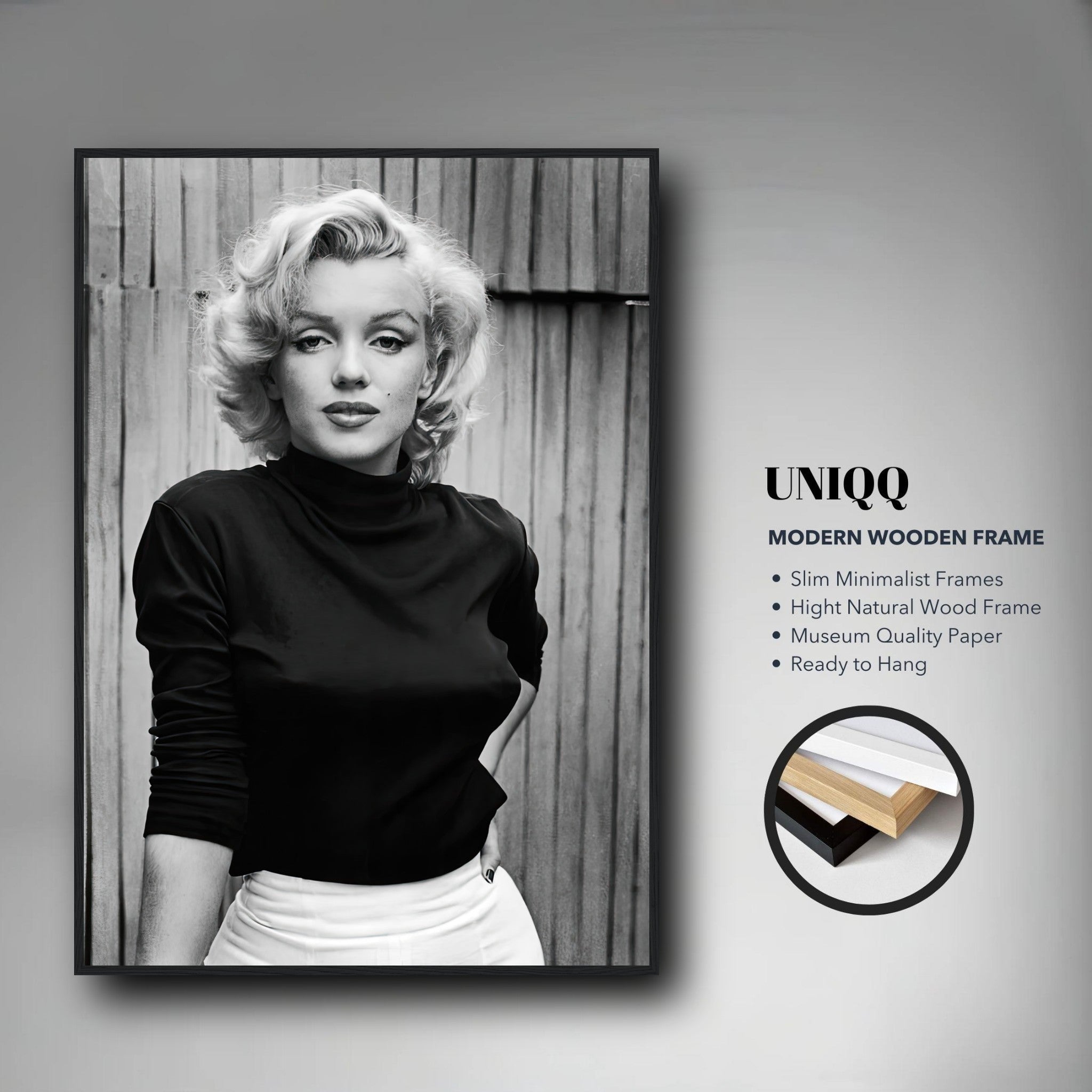 Framed Marilyn Monroe portrait in black and white, showcasing her classic beauty and stylish elegance.