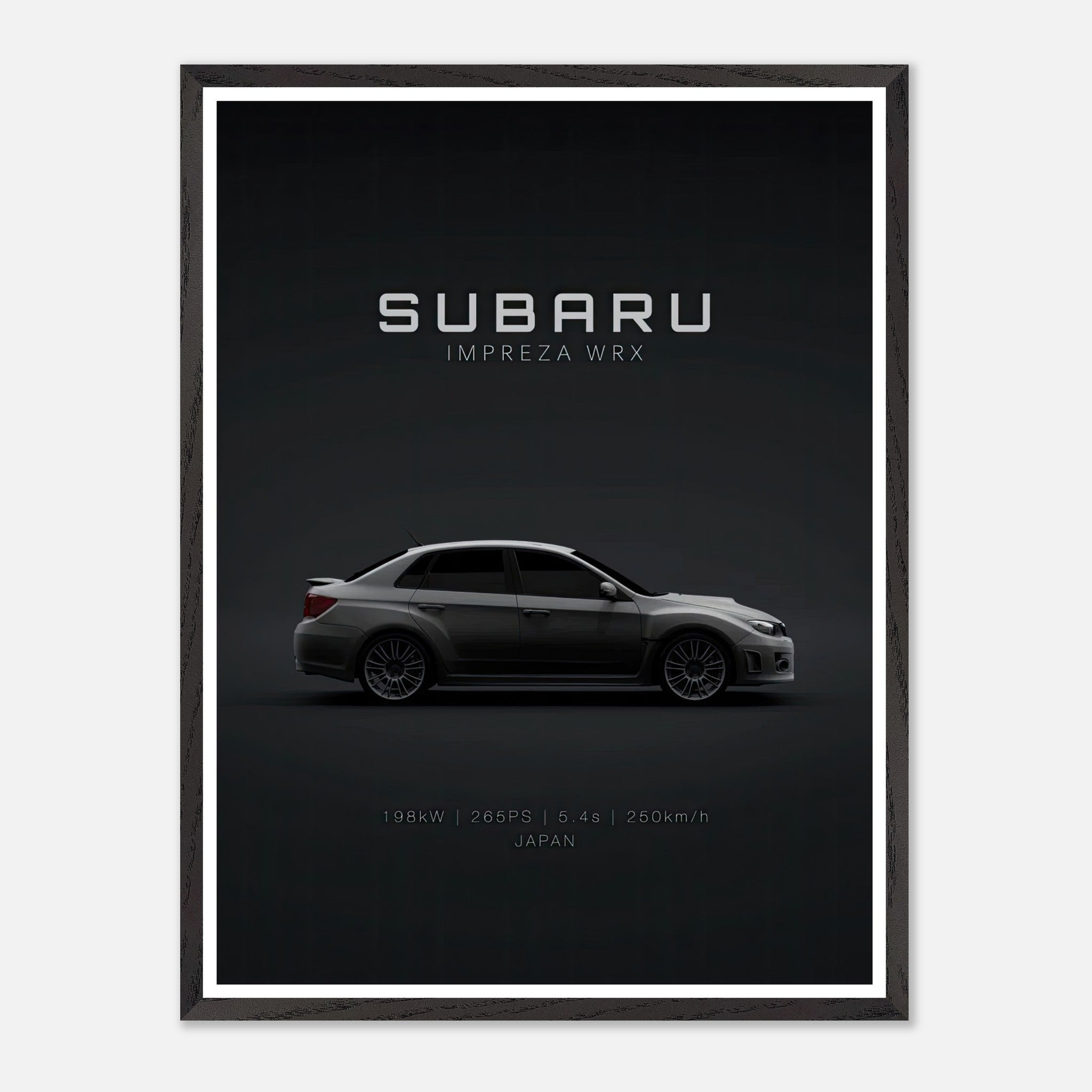 Subaru WRX vintage framed art featuring a sleek side profile of the iconic Impreza WRX on a dark backdrop.