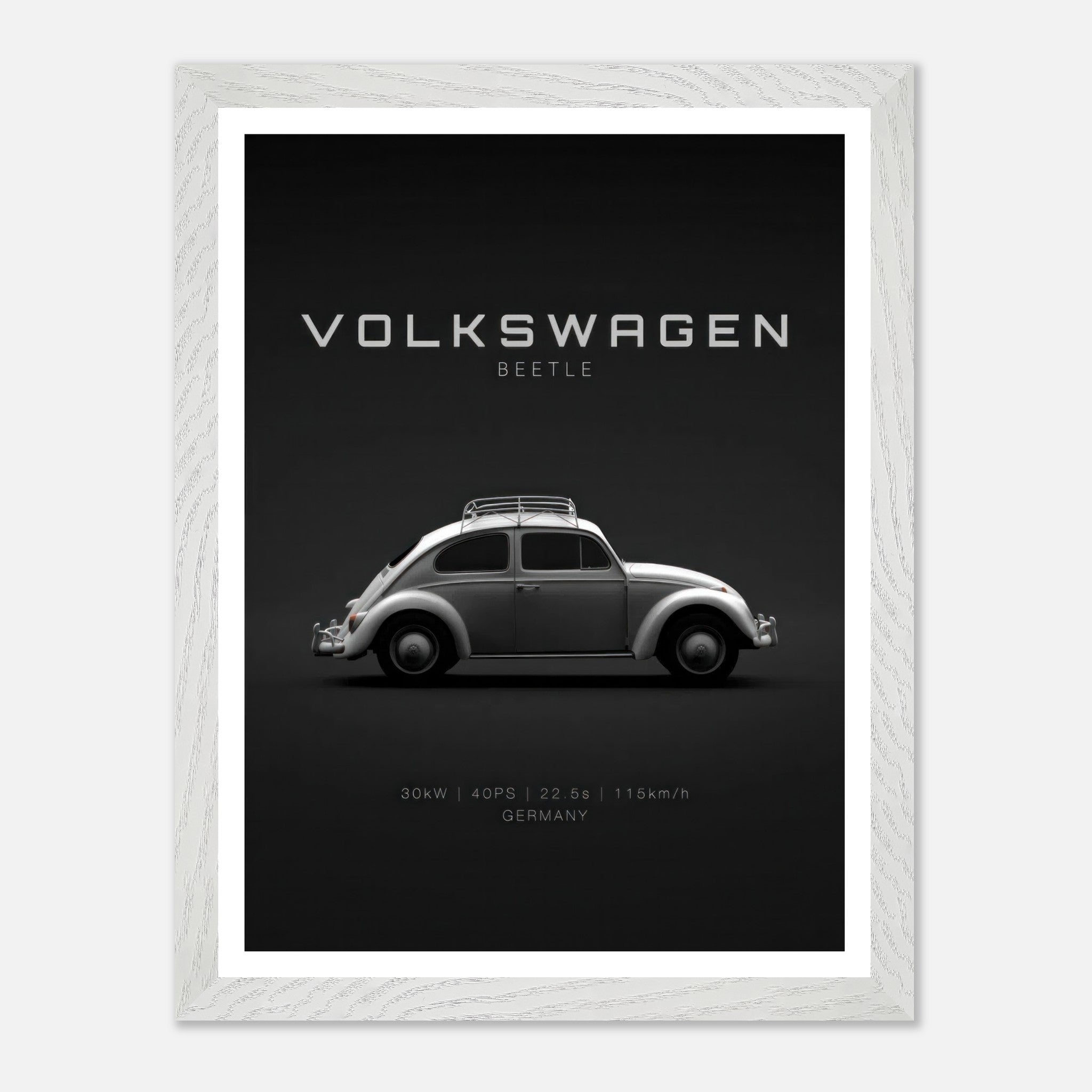 Volkswagen Beetle vintage framed art featuring a sleek silver design on a minimalist black background.