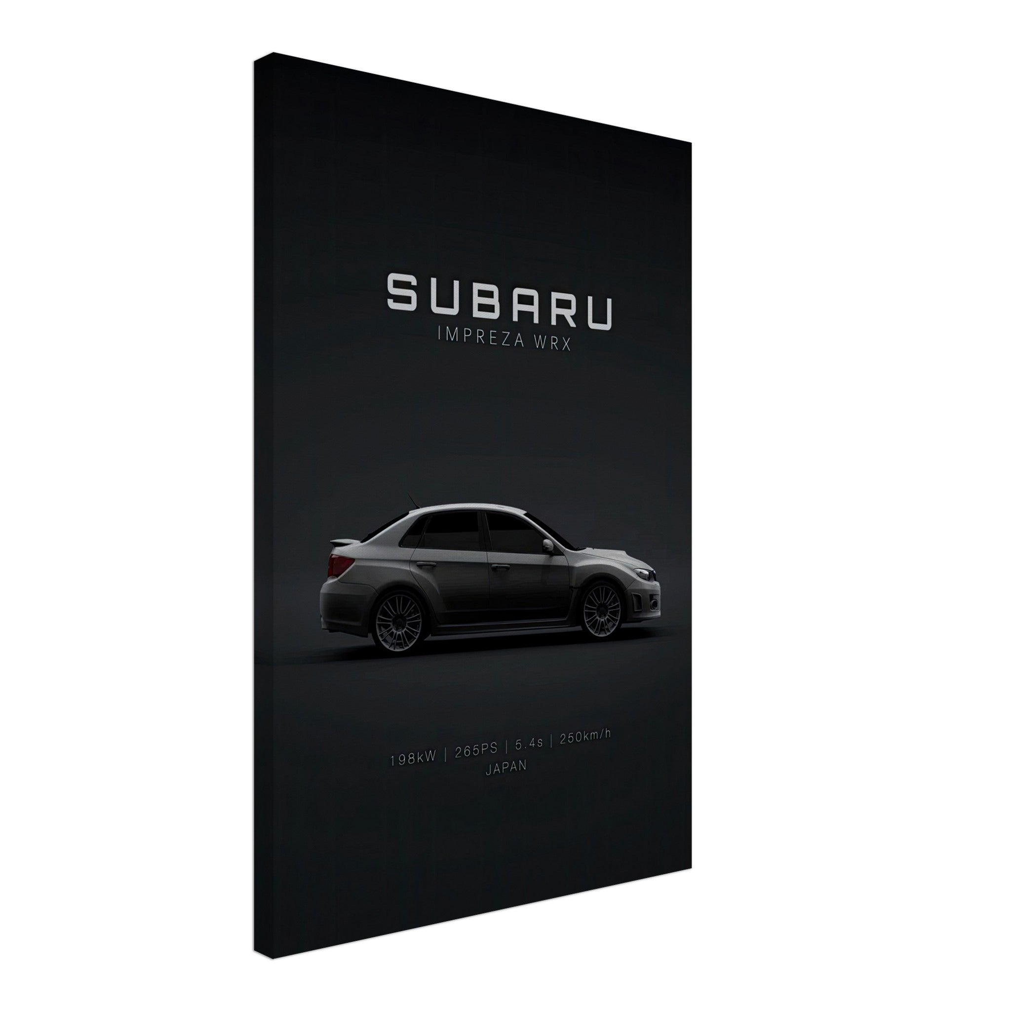 Subaru WRX canvas wall art featuring sleek design and modern black backdrop, perfect for car enthusiasts.