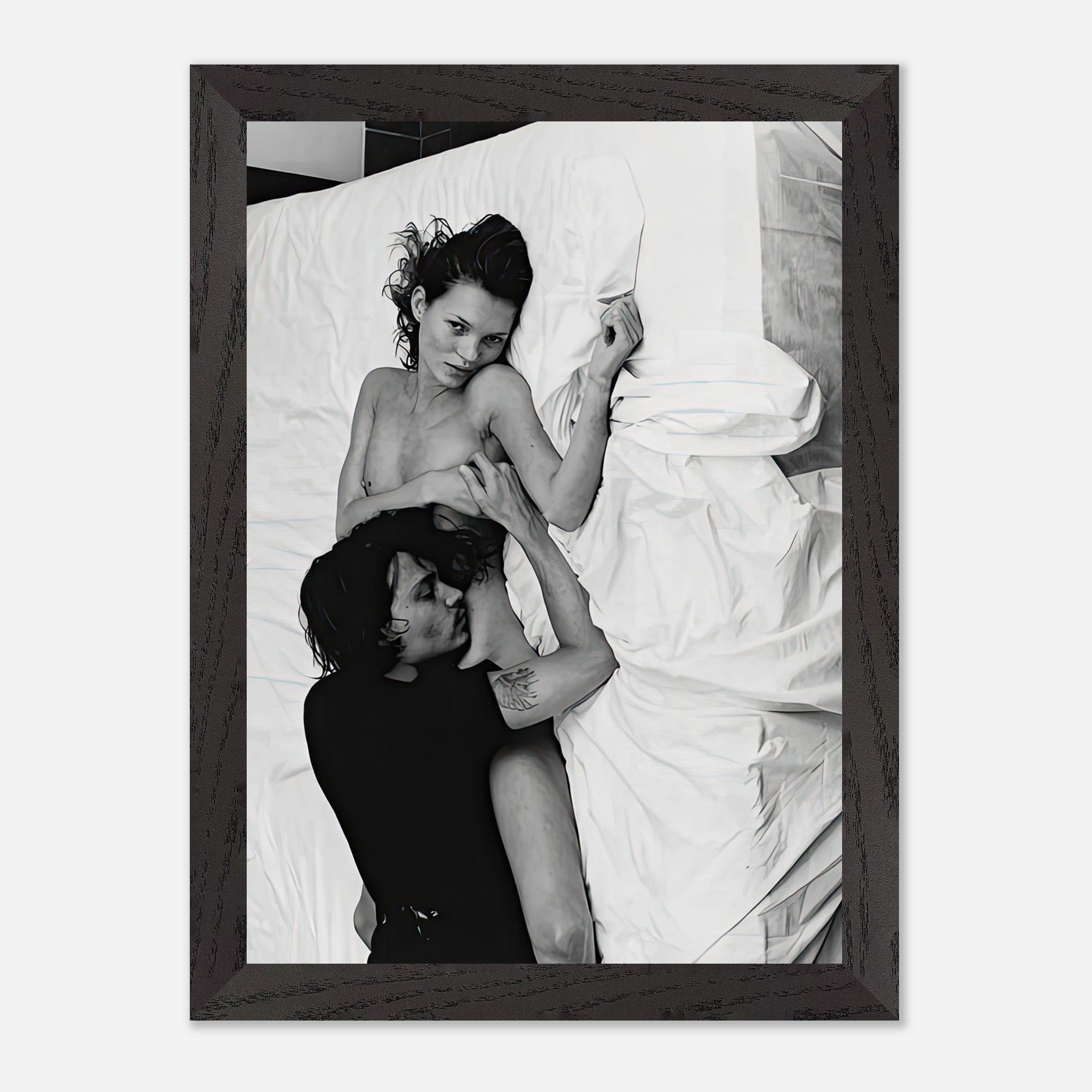 Vintage framed print of Kate Moss and Johnny Depp in a romantic pose, captured by Annie Leibovitz in New York, 1994.