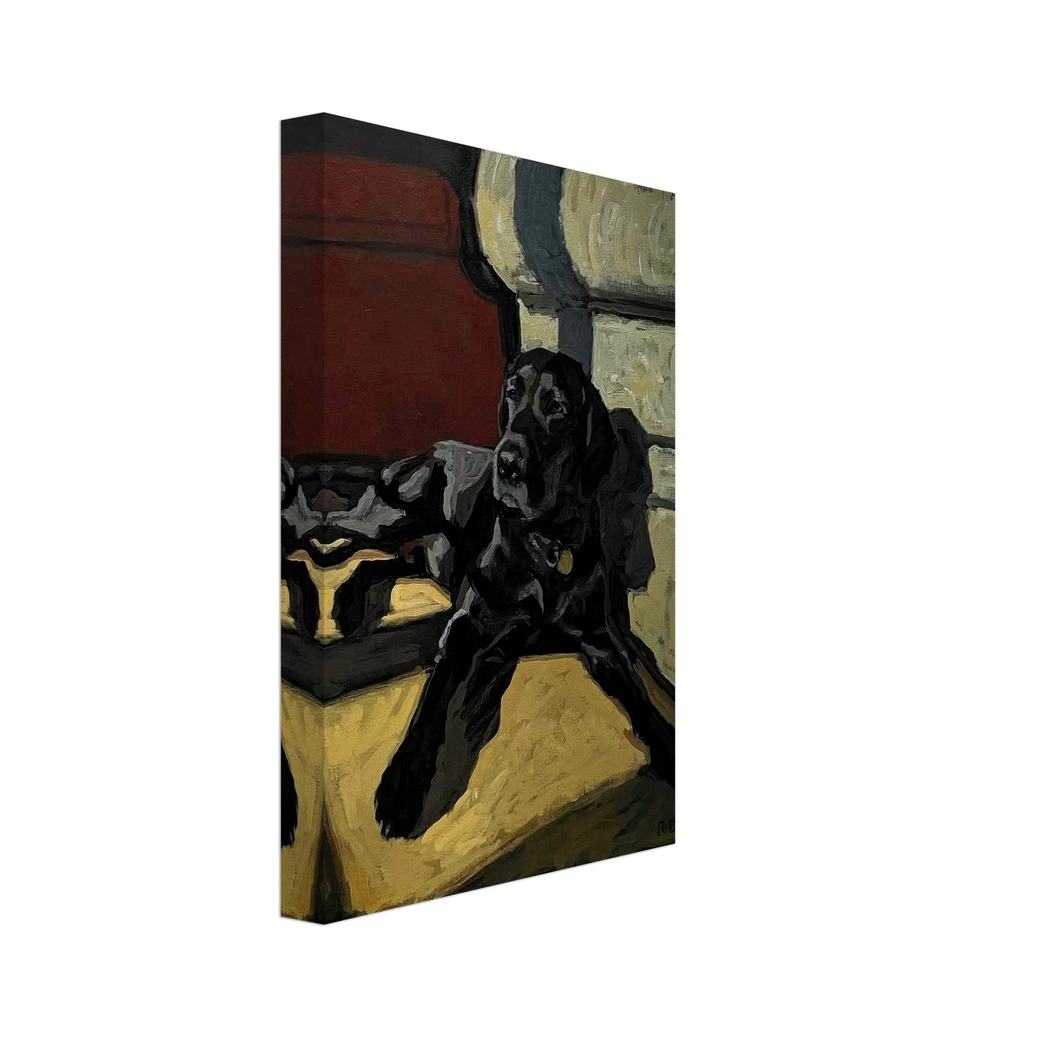 Black Labrador dog painting canvas print showcasing a relaxed black Labrador with rich earthy tones.