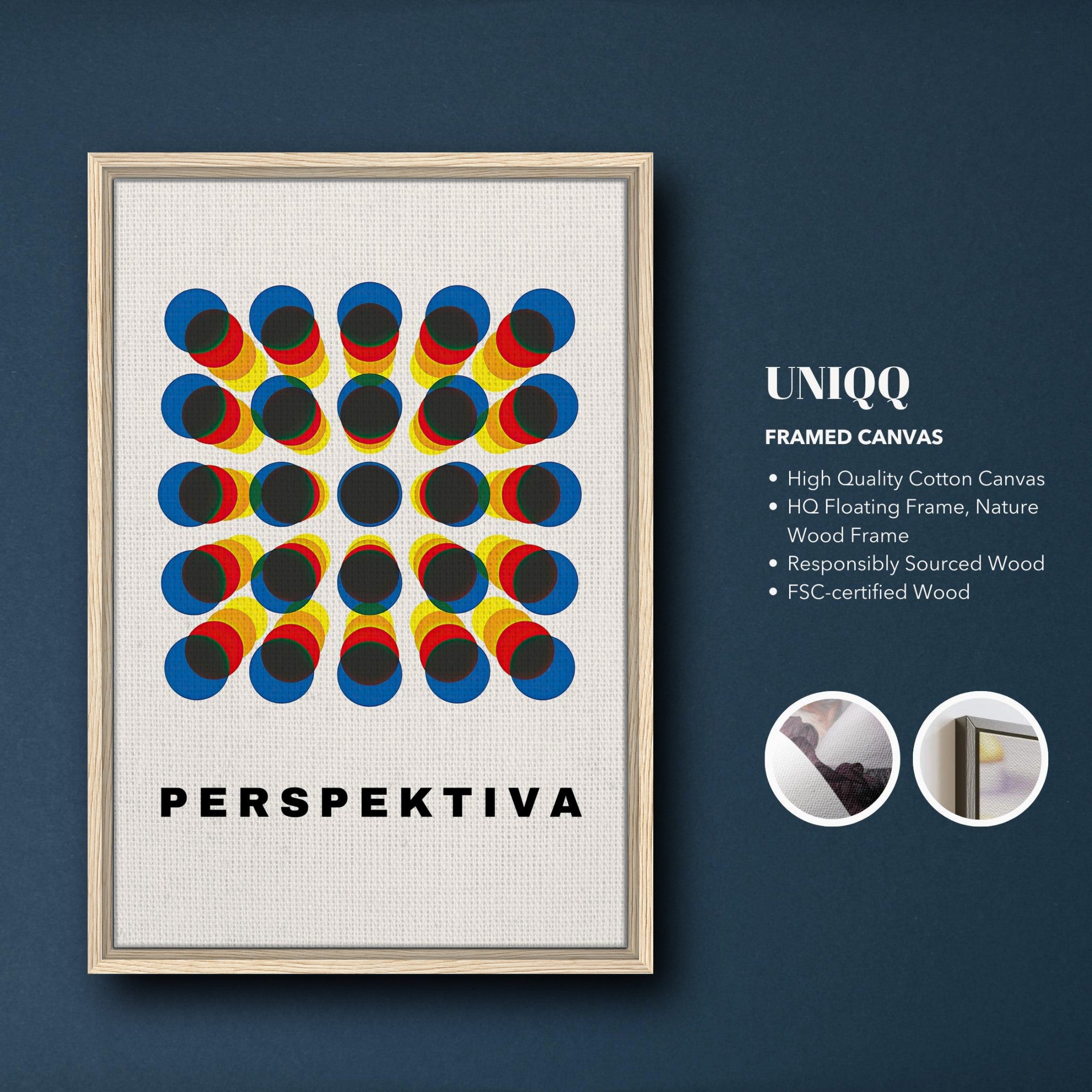 Framed canvas print of vibrant geometric art titled 'Perspektiva' in blue, yellow, and red, enhancing any modern space.