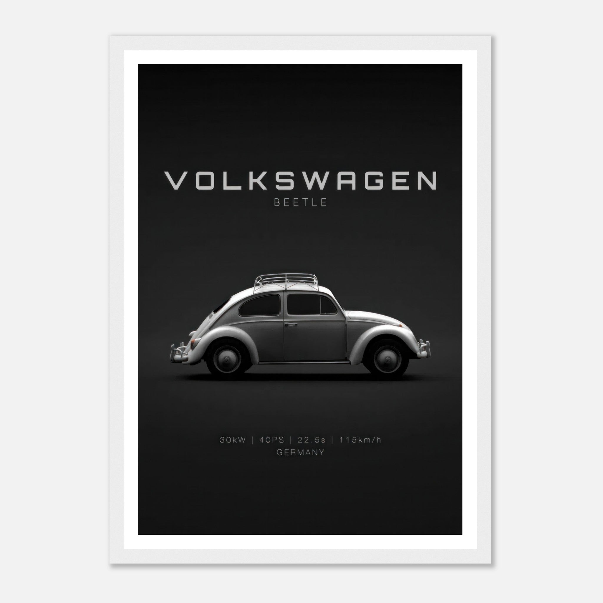 Framed poster of a Volkswagen Beetle on a black background showcasing vintage automotive design.