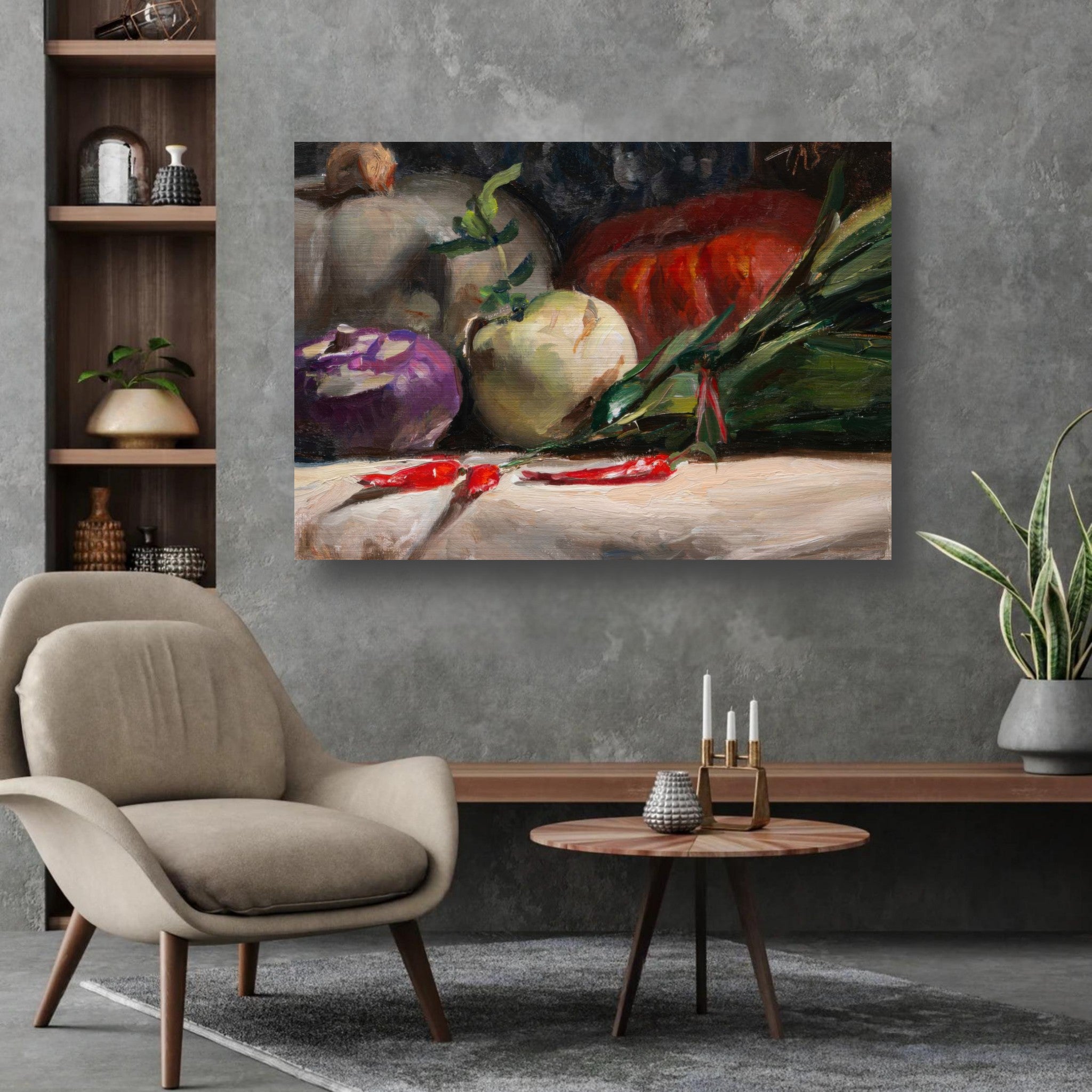 Brushed metal artwork featuring kohlrabi, pumpkins, and red chilis in a vibrant still life, displayed in a modern kitchen.