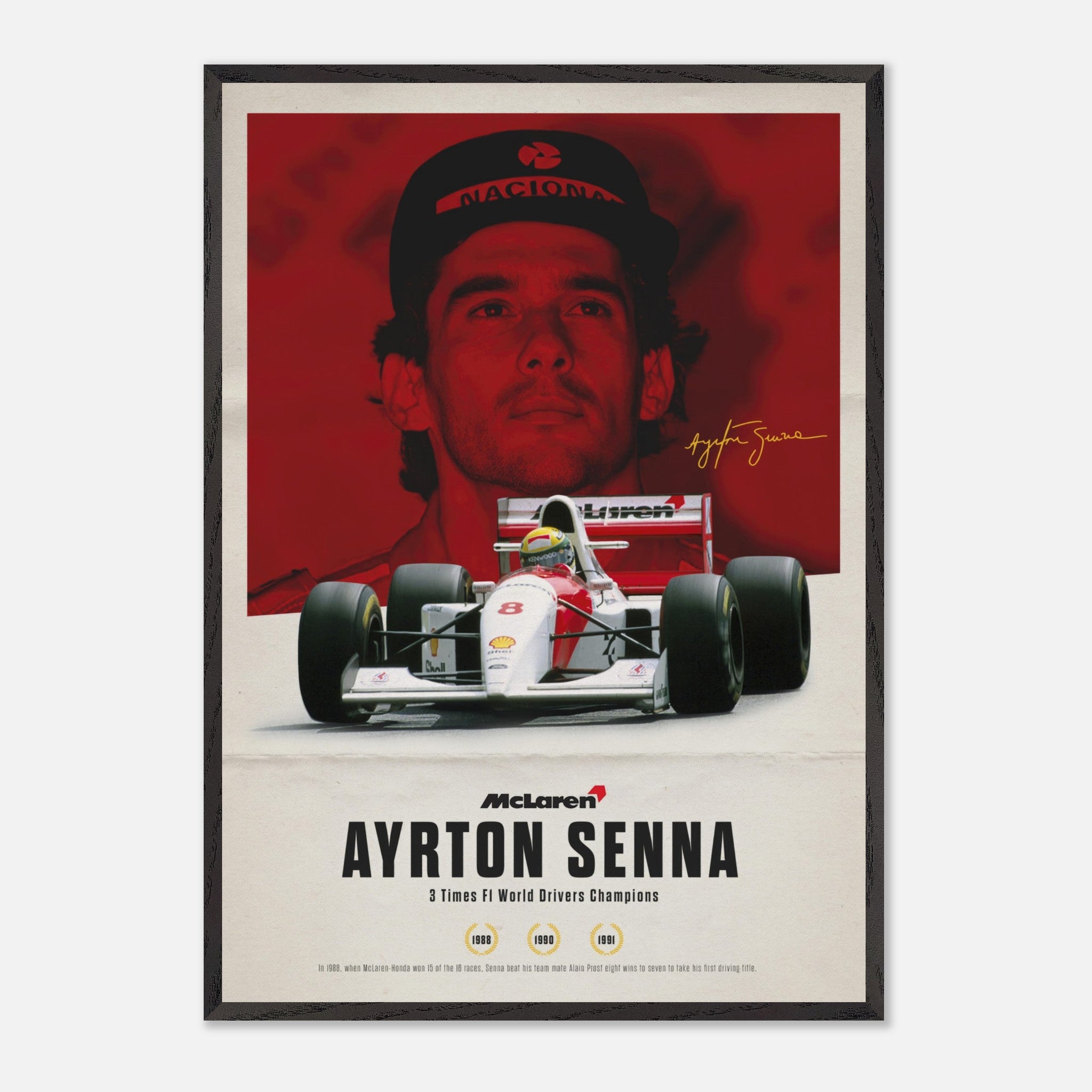 Ayrton Senna vintage framed art featuring McLaren car and portrait, celebrating 3-time F1 world champion.