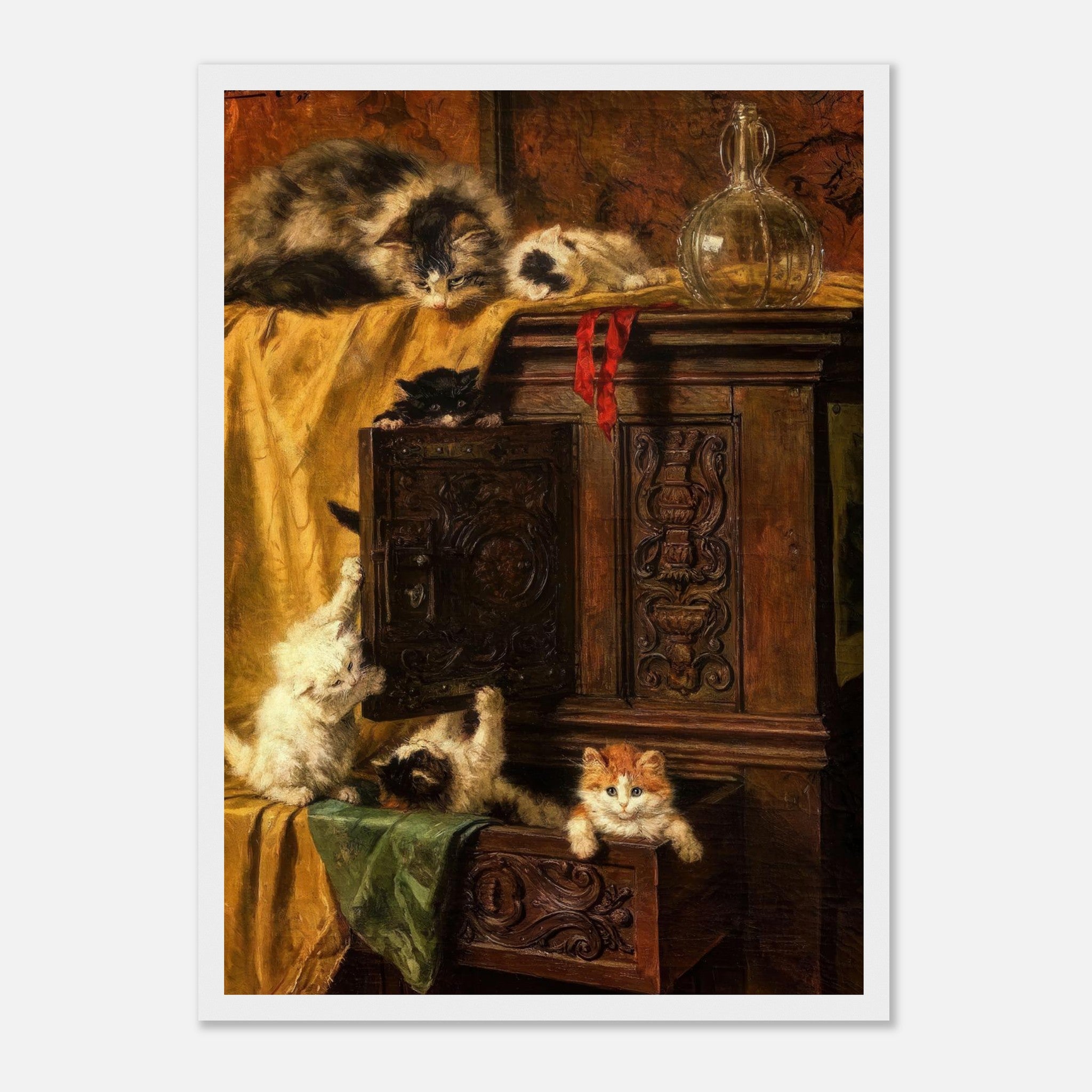 Vintage cat painting featuring playful kittens exploring an antique cabinet, framed print with warm tones.