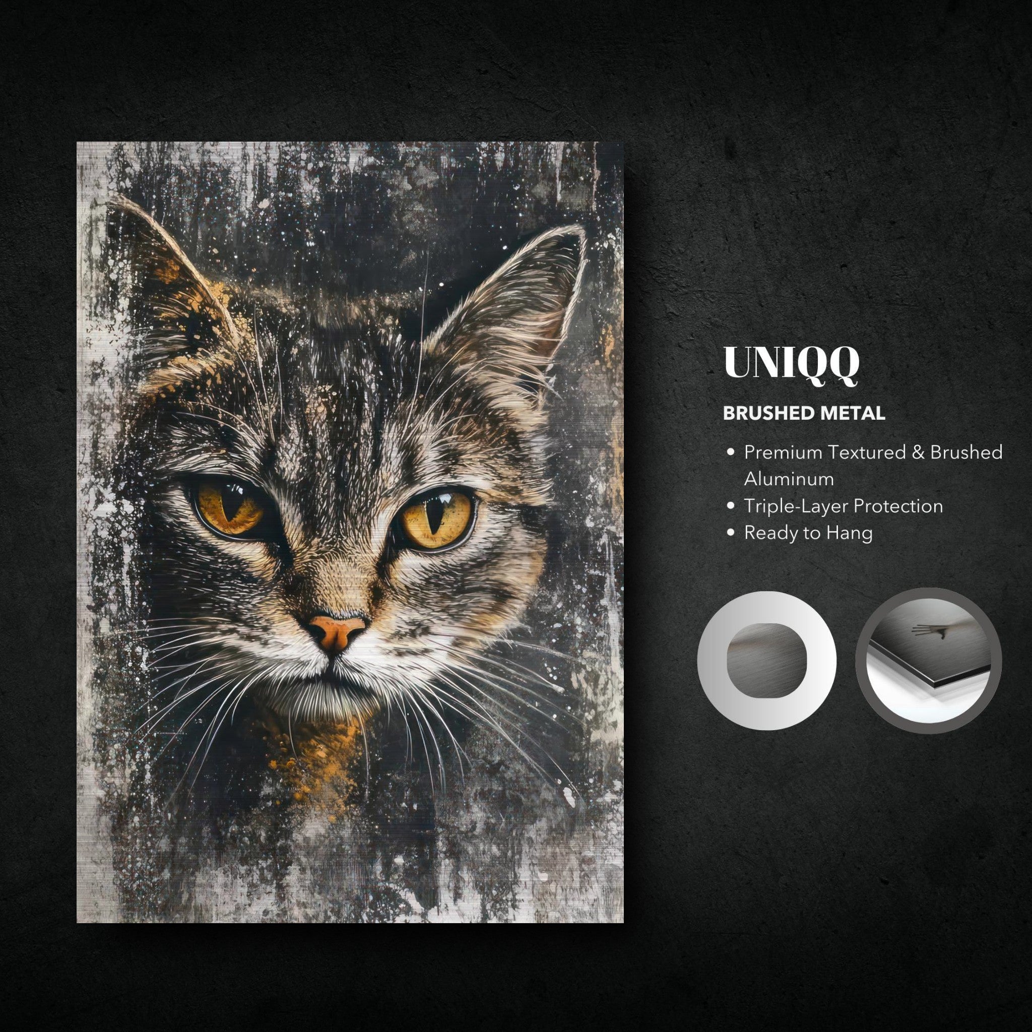 Cat painting artwork on brushed metal with vivid details, perfect for enhancing home or office decor.