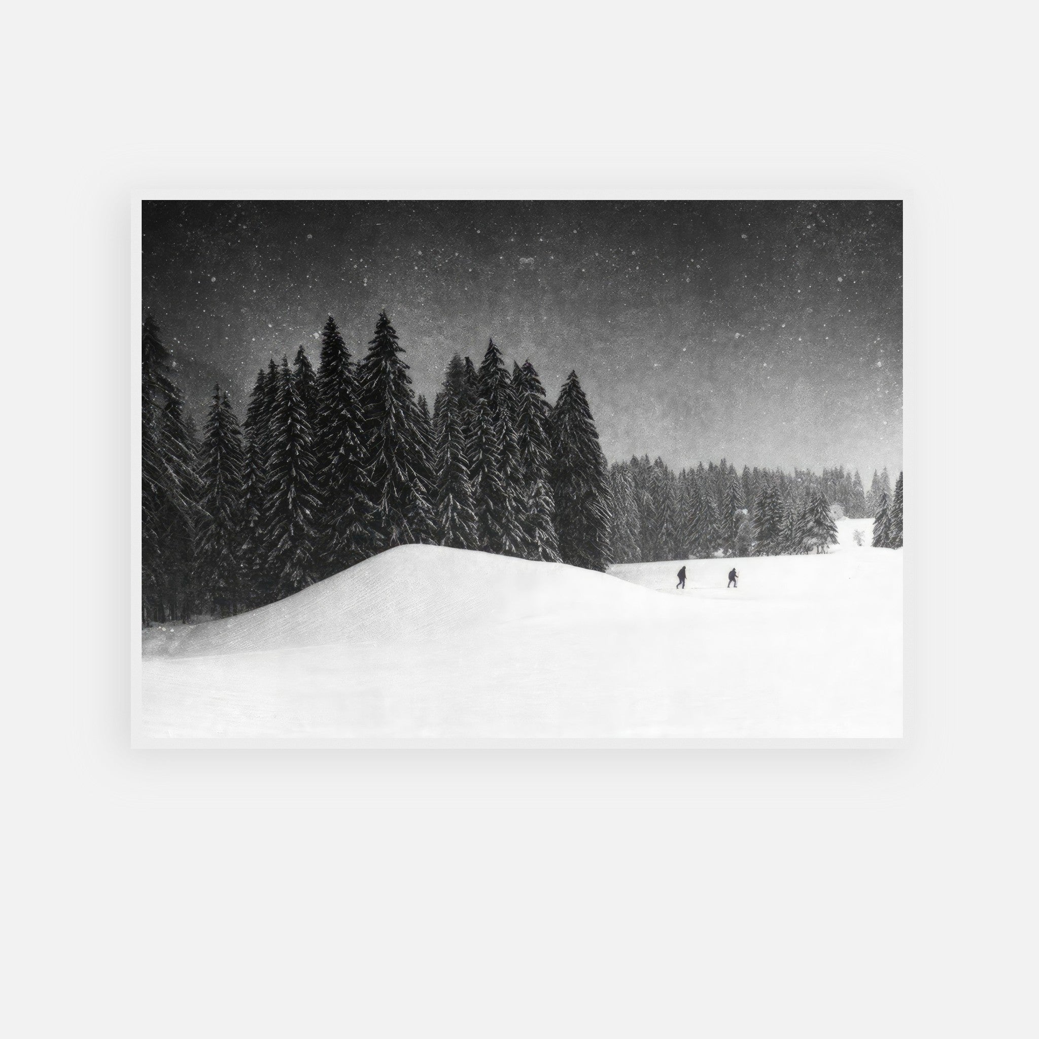 Winter Crossing framed print featuring snow-covered evergreens and skiers in a serene winter landscape.