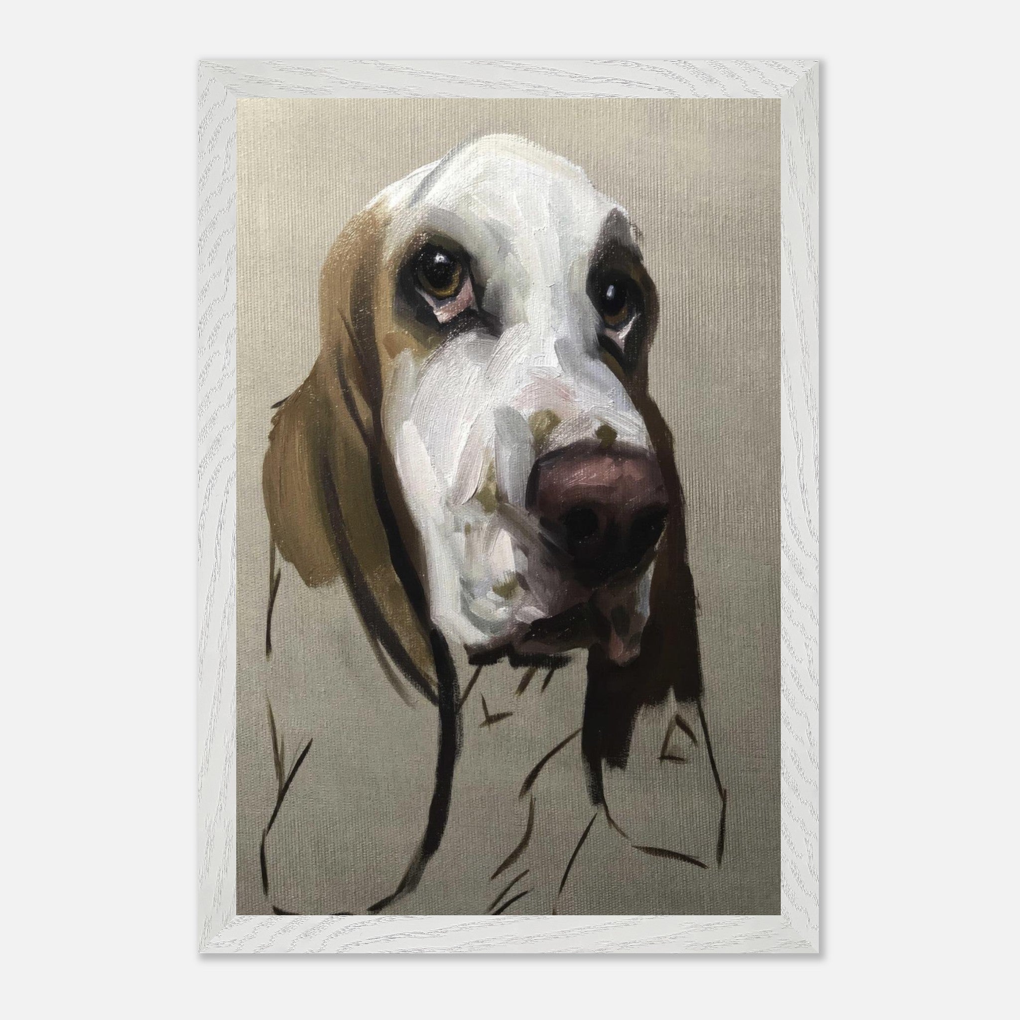 Basset Hound dog painting in museum quality, showcasing soulful expression and fine art detail.