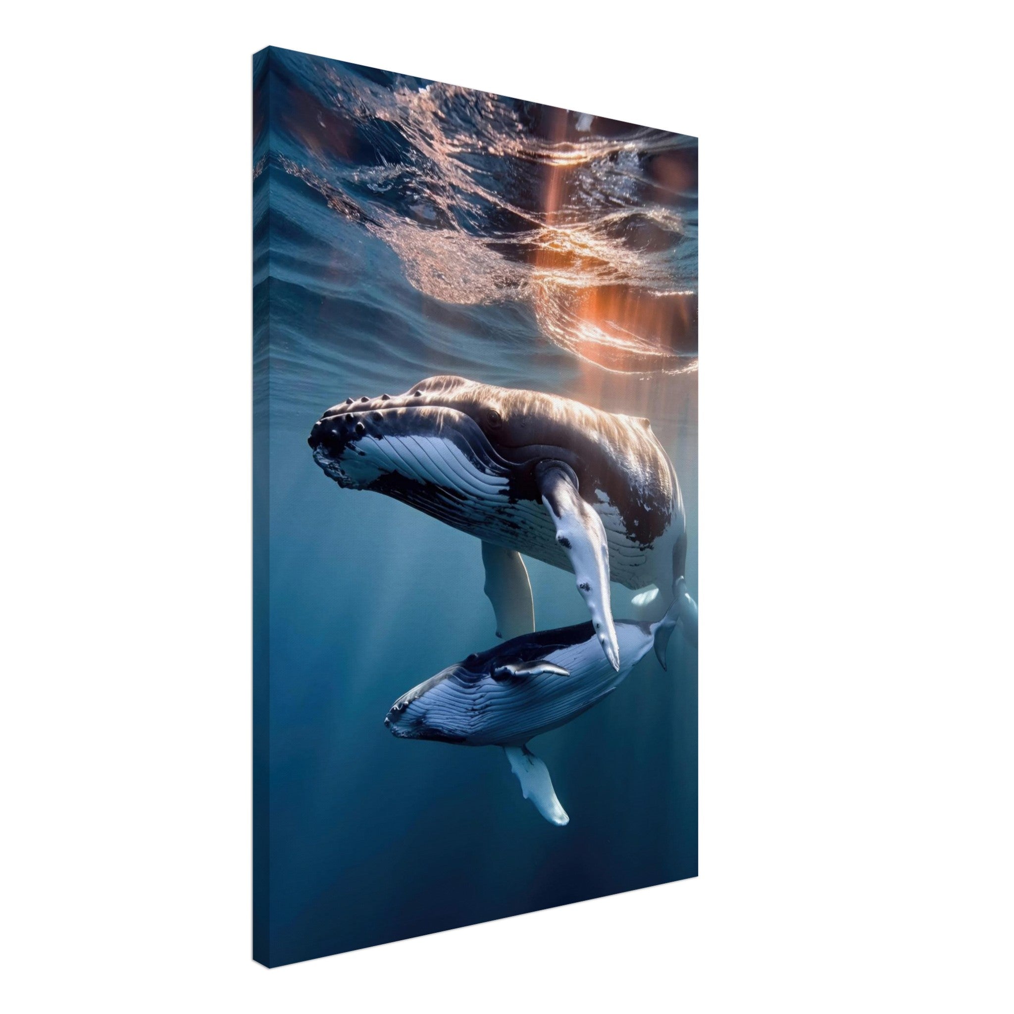 Underwater photography canvas print of a humpback whale and calf swimming in the ocean's deep blue.
