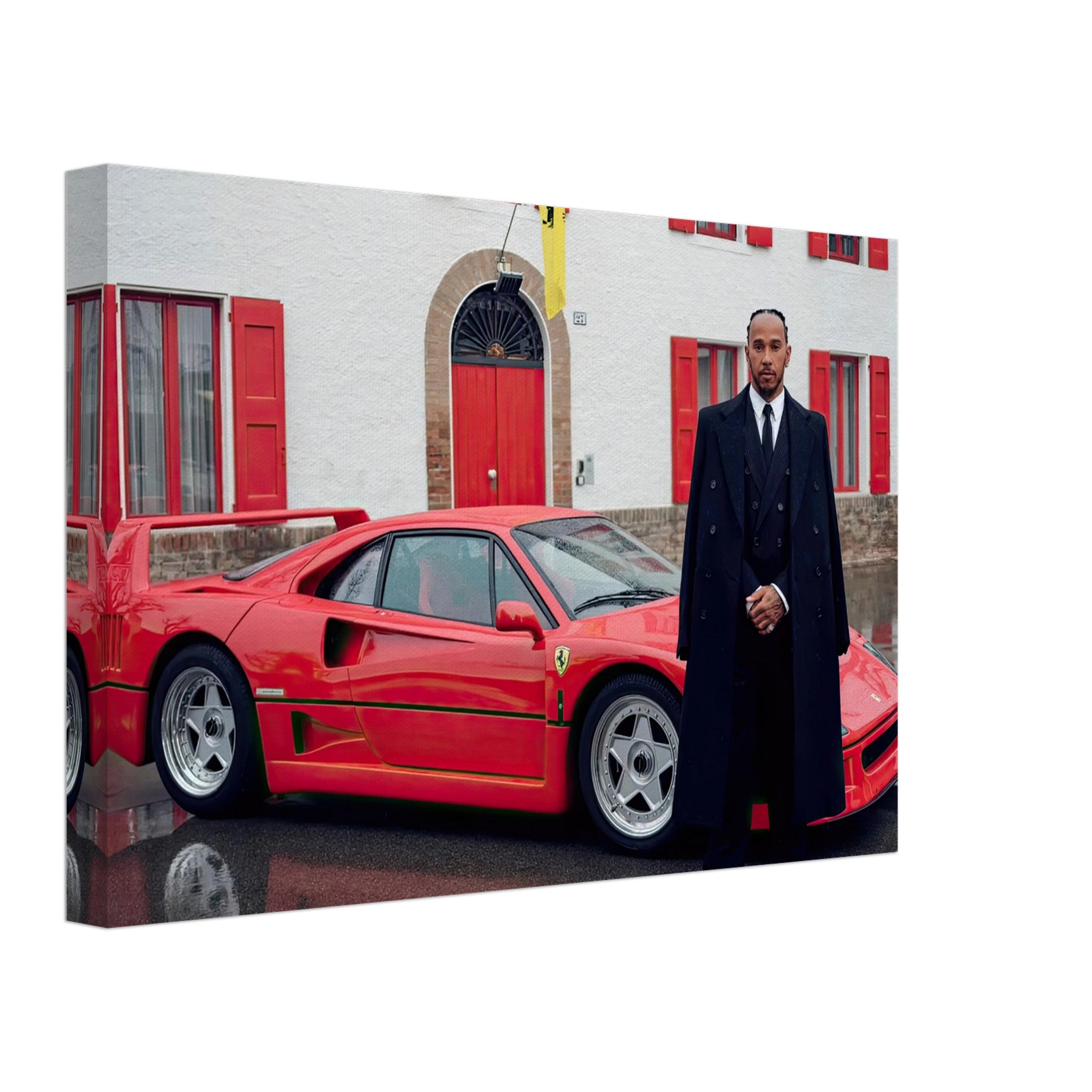 Lewis Hamilton beside a red Ferrari F40 in front of Enzo Ferrari's house, captured in stunning canvas artwork.