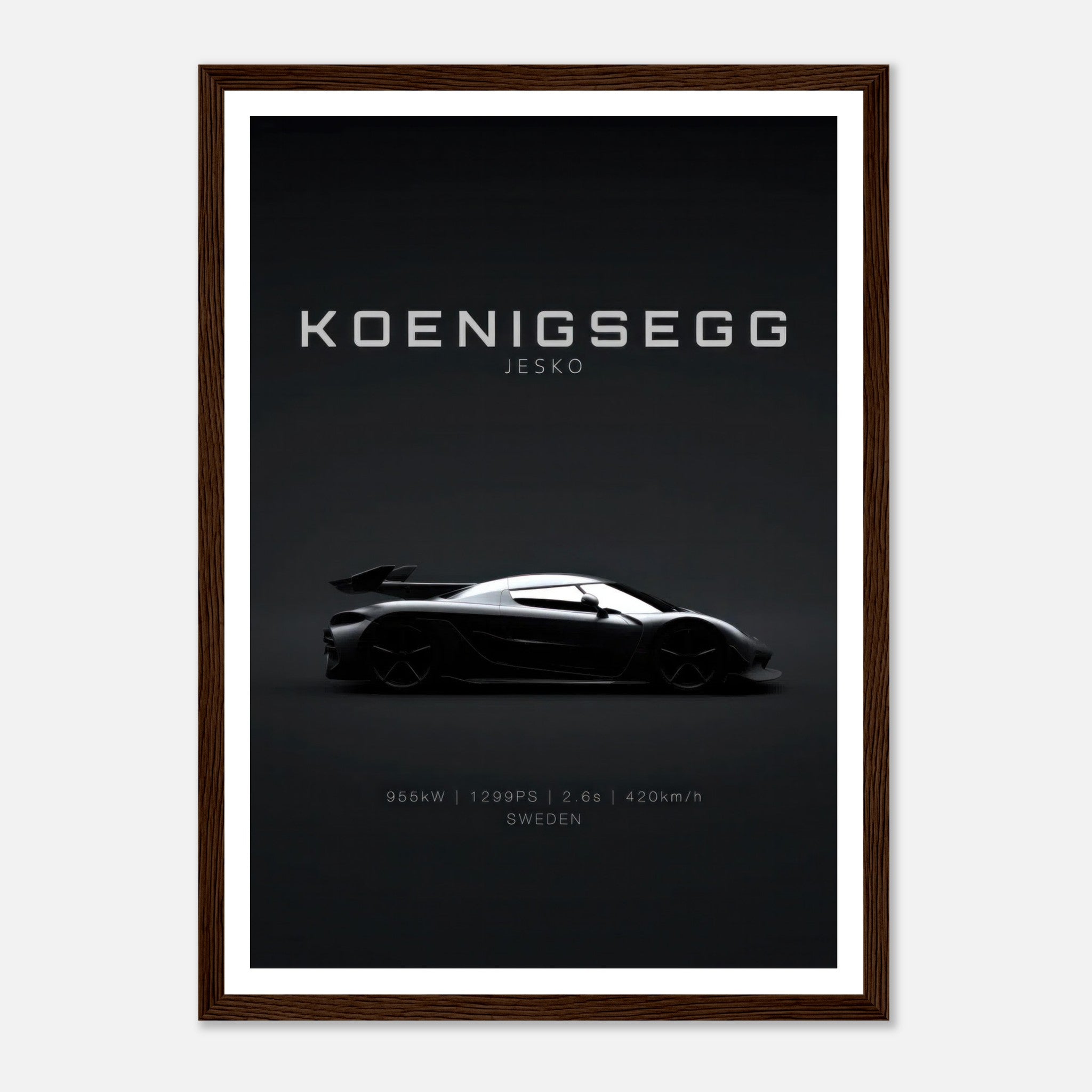 Koenigsegg Jesko framed poster showcasing sleek silhouette on minimalist black background.