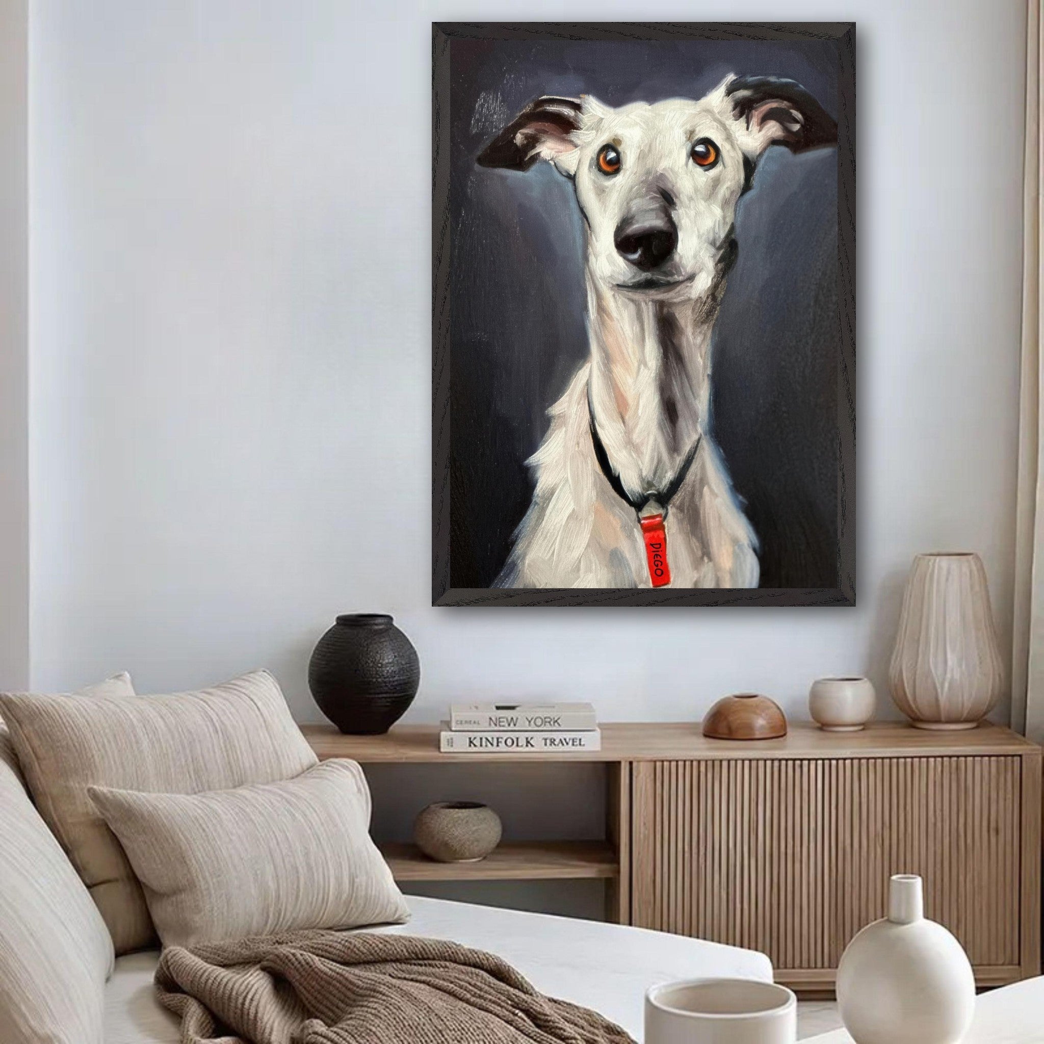 Greyhound dog painting showcased in modern interior, highlighting fine art details and vibrant colors.