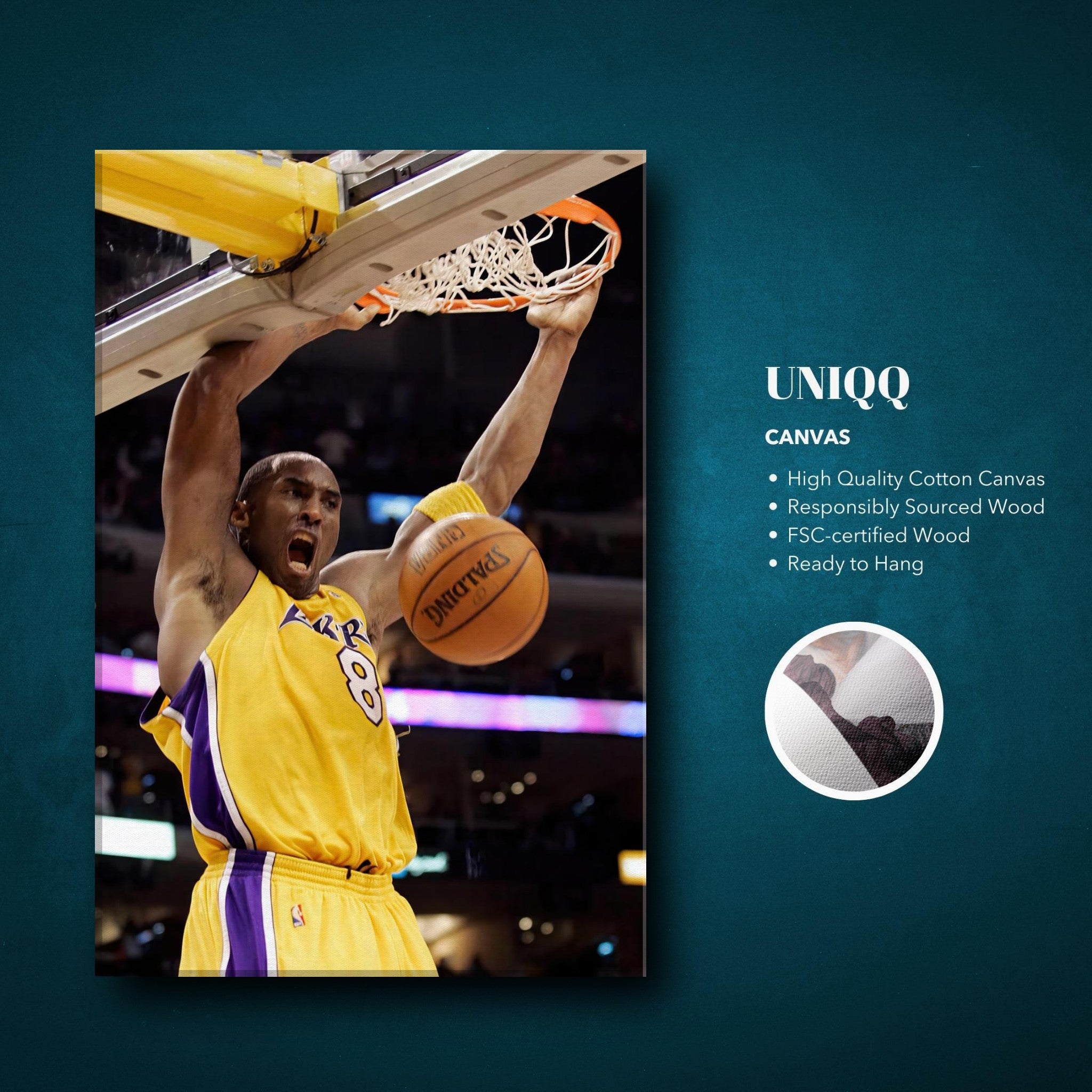Kobe Bryant delivering an iconic slam dunk on canvas print, showcasing vibrant colors and high-definition detail.