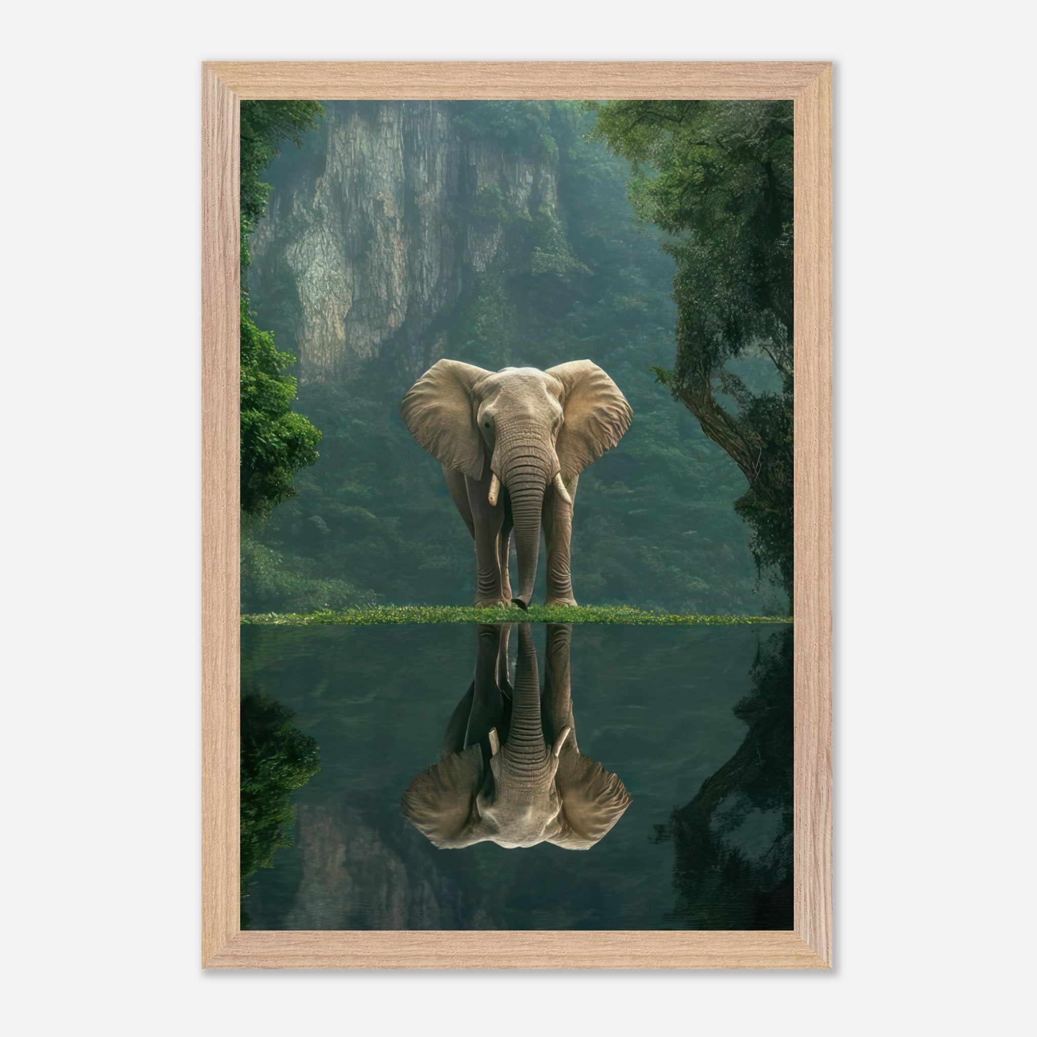 Majestic jungle elephant portrait reflecting in tranquil water with lush greenery background - Fine Art.