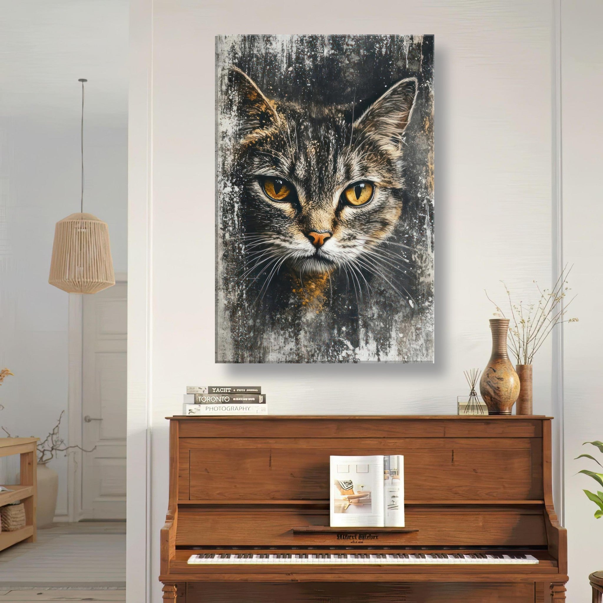 Cat painting artwork canvas print featuring a close-up of a cat's golden eyes on a textured background.