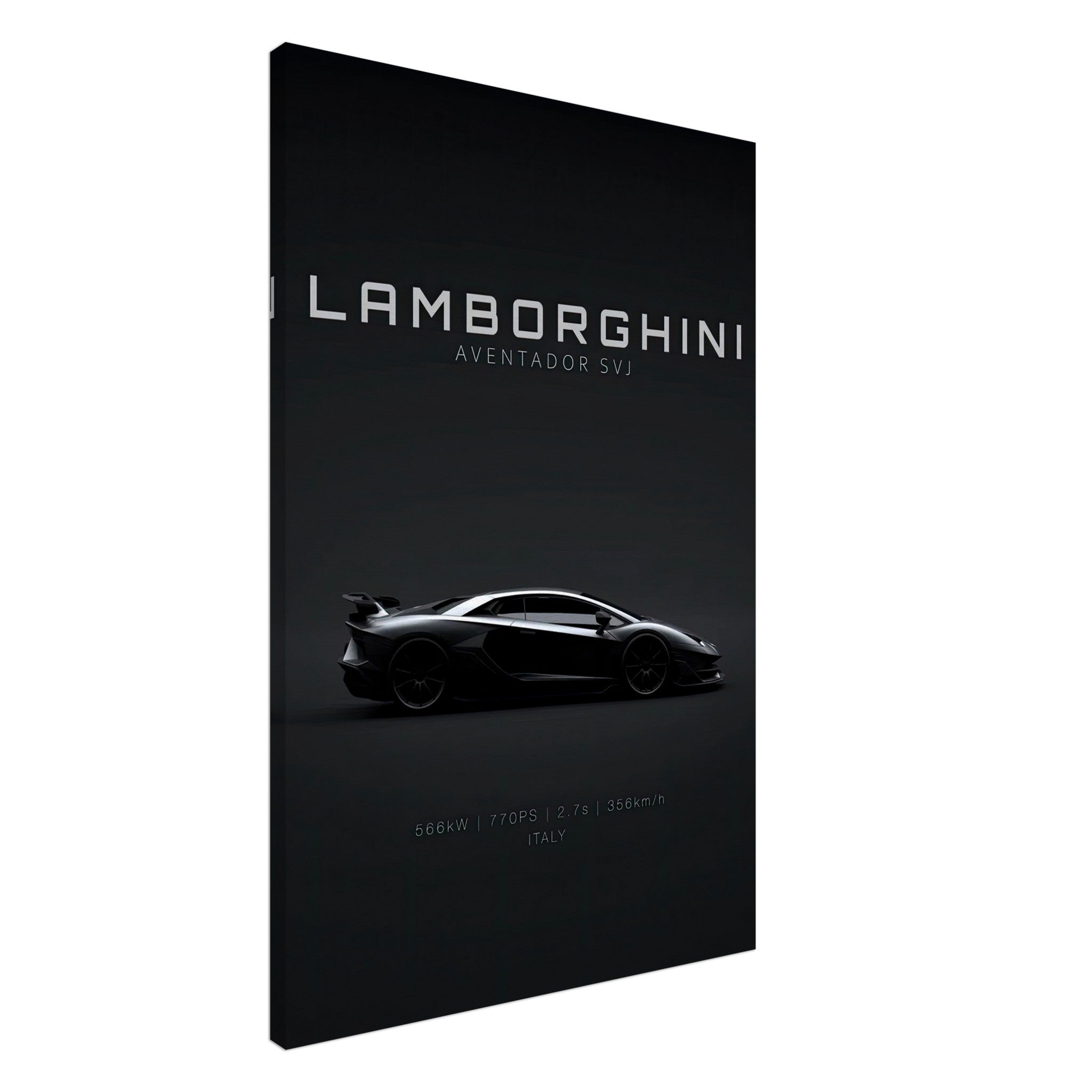 Lamborghini Aventador SVJ canvas wall art showcasing sleek design on a minimal black background.